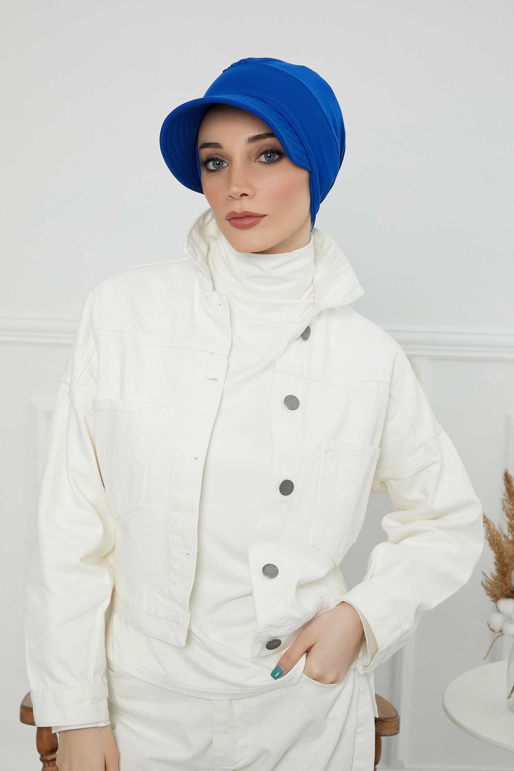 Cotton Visor Women Turban Hat, Sun Protective Newsboy Hat for Women, 95% Cotton Plain Casual Hijab Bonnet Chemo Cap,B-73 Sax Blue