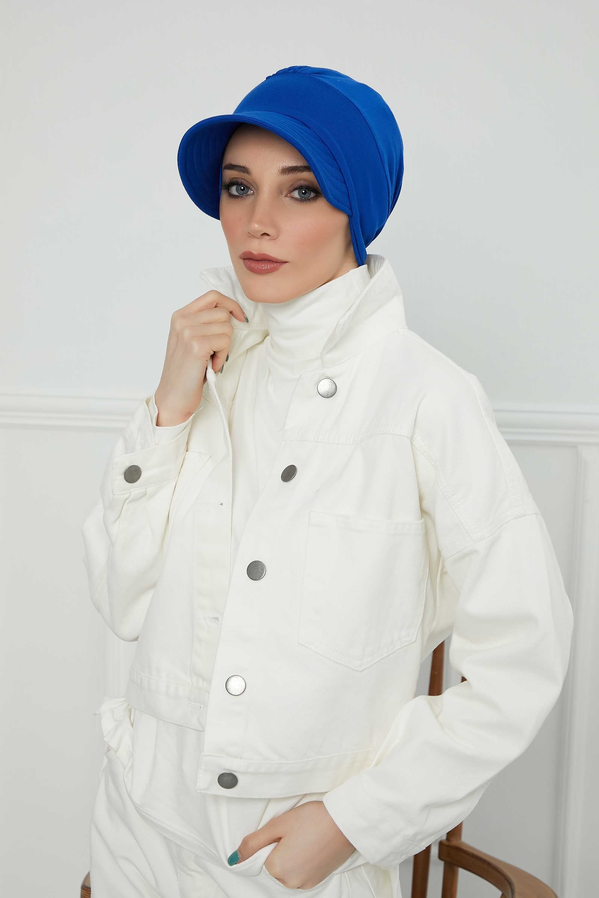 Cotton Visor Women Turban Hat, Sun Protective Newsboy Hat for Women, 95% Cotton Plain Casual Hijab Bonnet Chemo Cap,B-73 Sax Blue