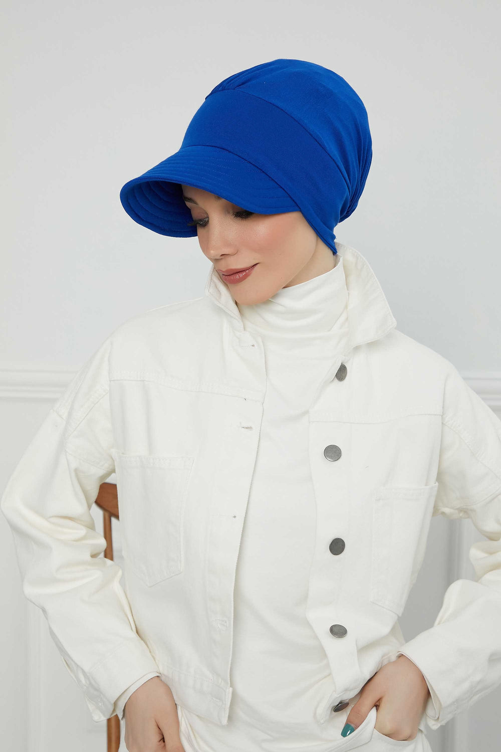 Cotton Visor Women Turban Hat, Sun Protective Newsboy Hat for Women, 95% Cotton Plain Casual Hijab Bonnet Chemo Cap,B-73 Sax Blue