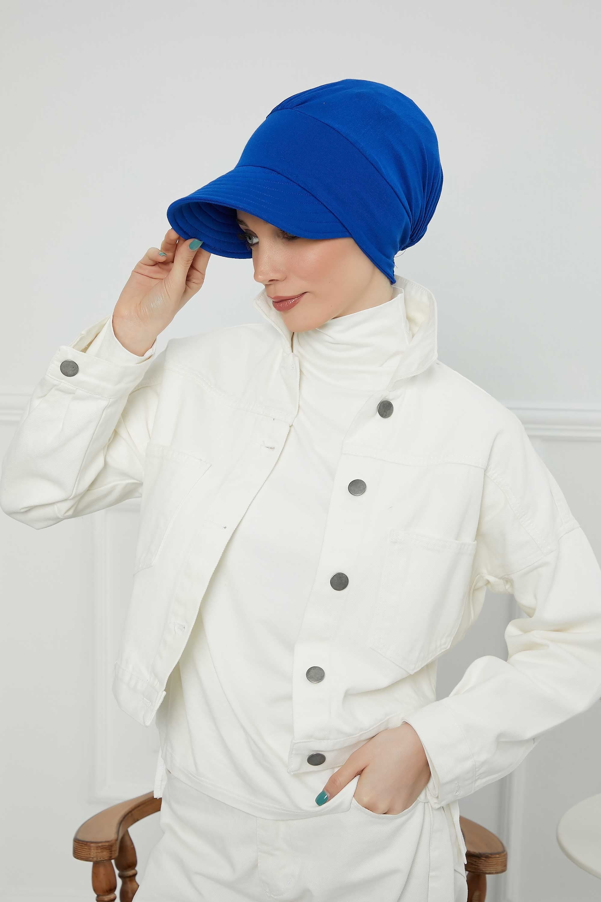 Cotton Visor Women Turban Hat, Sun Protective Newsboy Hat for Women, 95% Cotton Plain Casual Hijab Bonnet Chemo Cap,B-73 Sax Blue