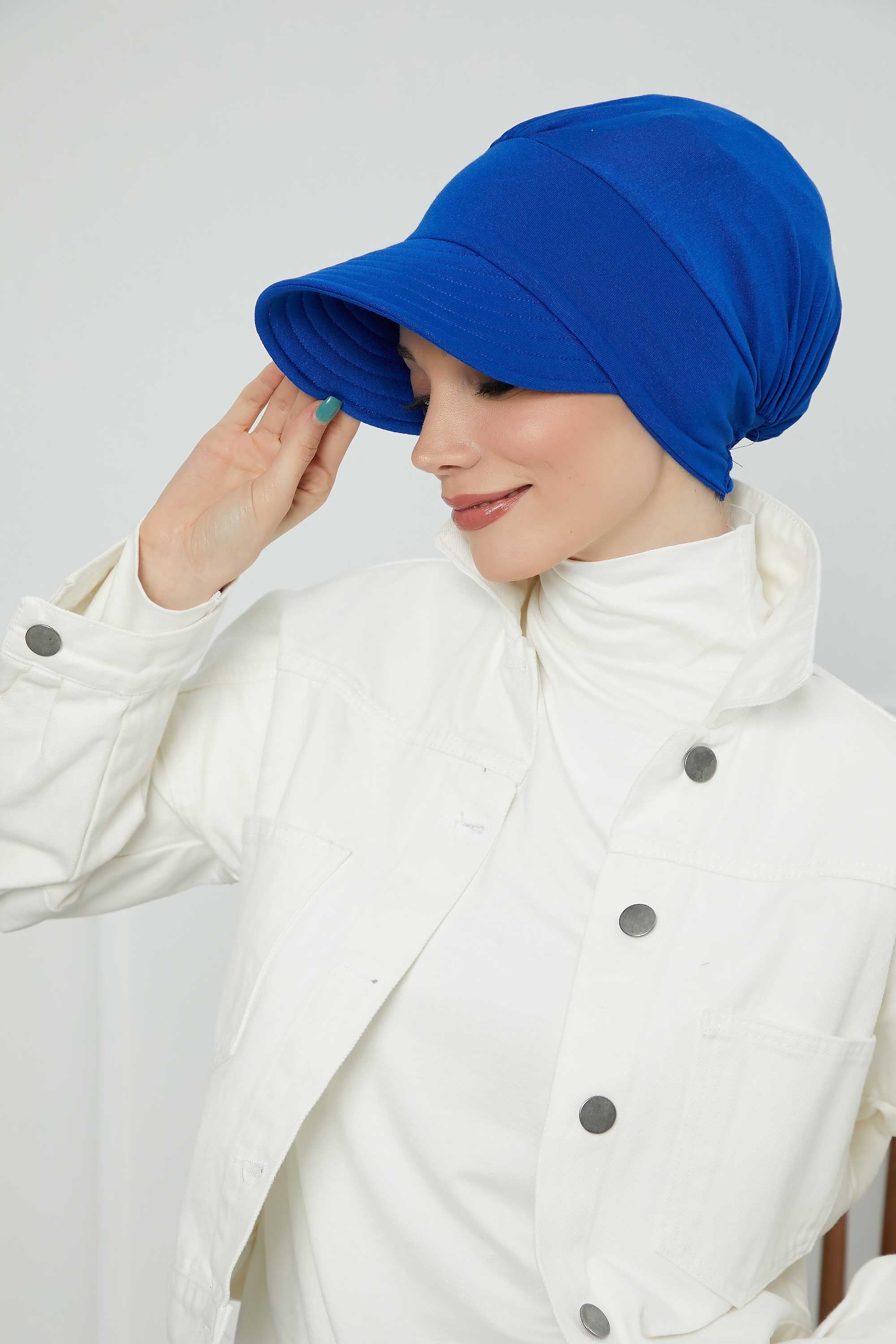 Cotton Visor Women Turban Hat, Sun Protective Newsboy Hat for Women, 95% Cotton Plain Casual Hijab Bonnet Chemo Cap,B-73 Sax Blue