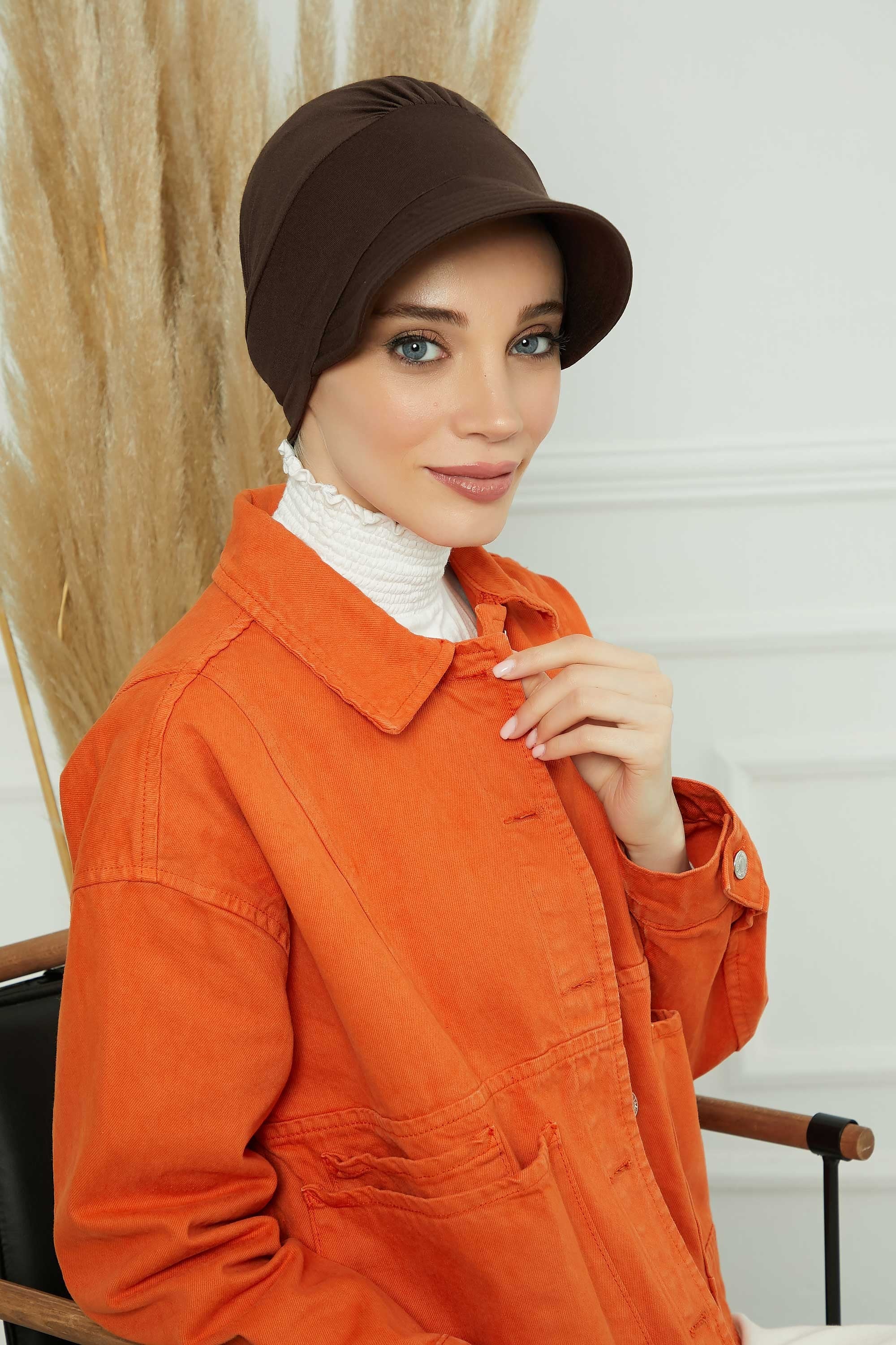 Cotton Visor Women Turban Hat, Sun Protective Newsboy Hat for Women, 95% Cotton Plain Casual Hijab Bonnet Chemo Cap,B-73 Brown