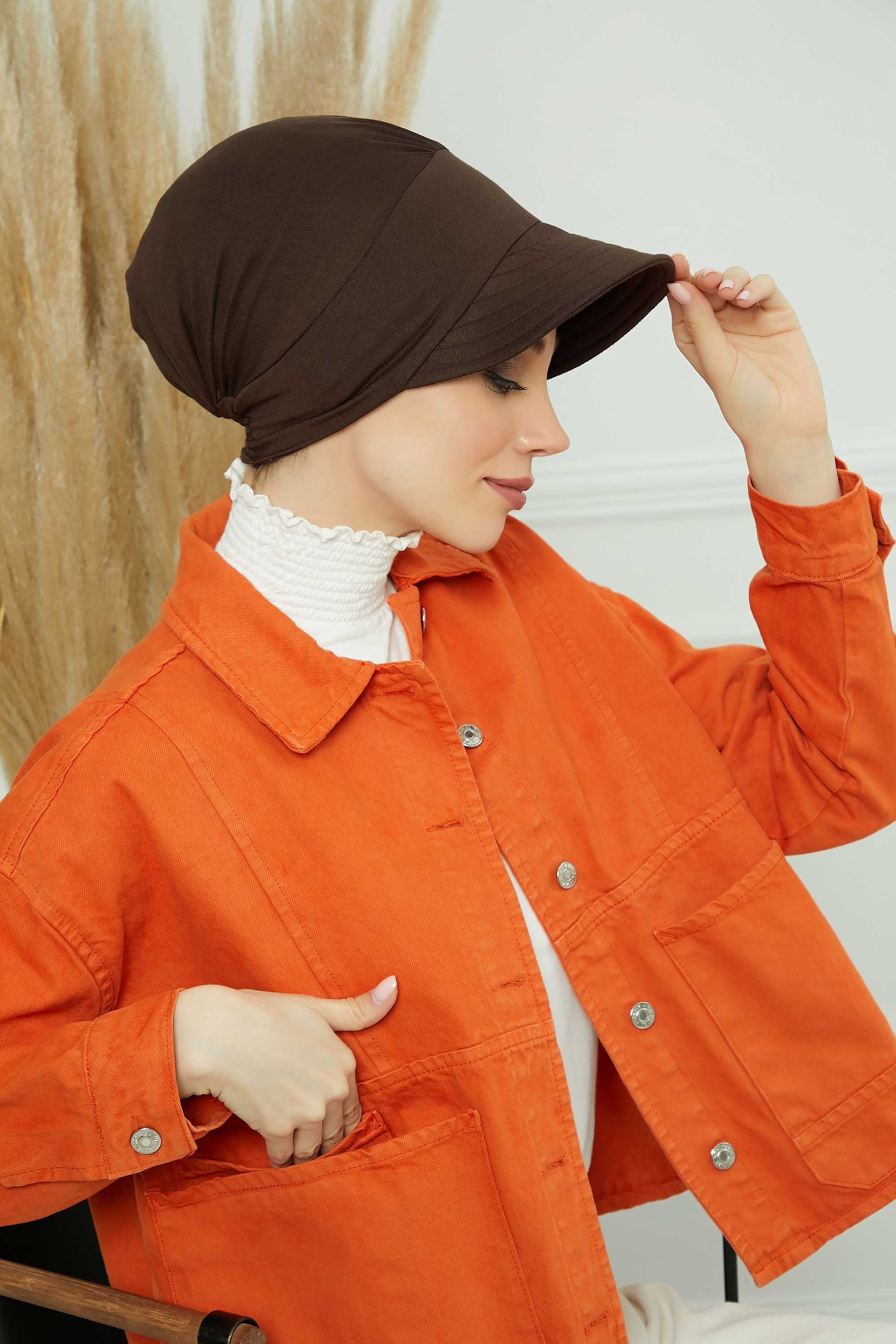 Cotton Visor Women Turban Hat, Sun Protective Newsboy Hat for Women, 95% Cotton Plain Casual Hijab Bonnet Chemo Cap,B-73 Brown