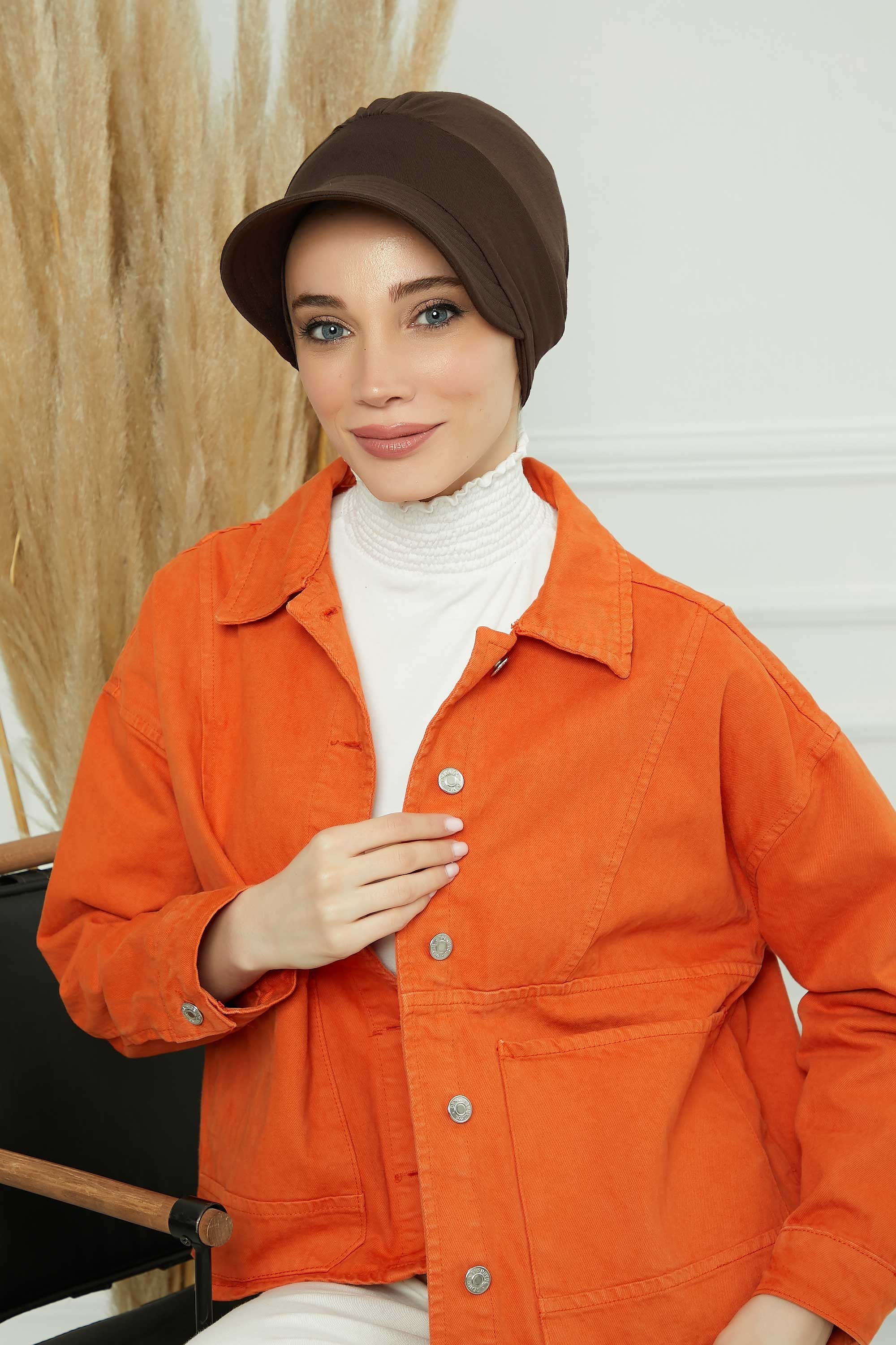Cotton Visor Women Turban Hat, Sun Protective Newsboy Hat for Women, 95% Cotton Plain Casual Hijab Bonnet Chemo Cap,B-73 Brown