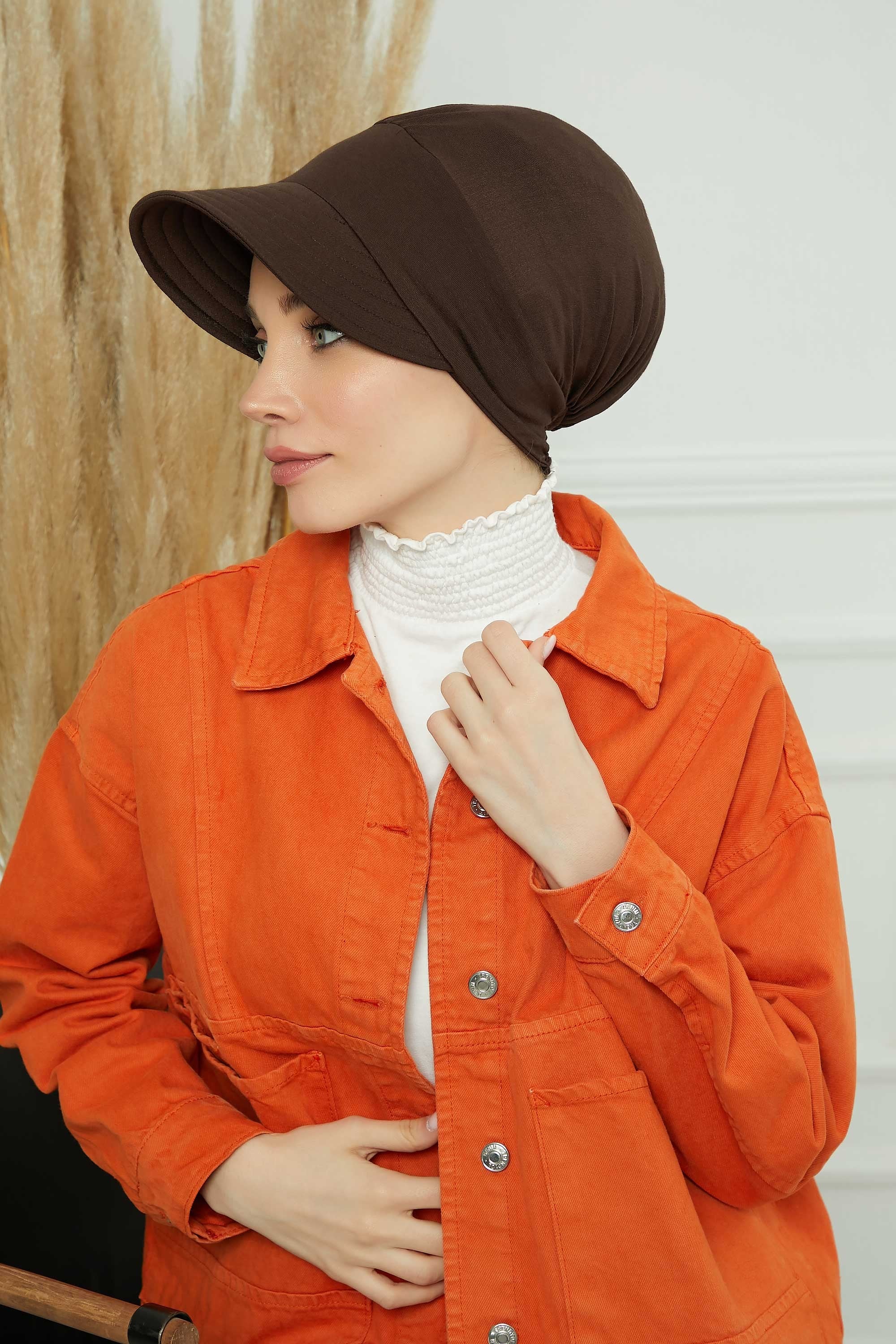 Cotton Visor Women Turban Hat, Sun Protective Newsboy Hat for Women, 95% Cotton Plain Casual Hijab Bonnet Chemo Cap,B-73 Brown
