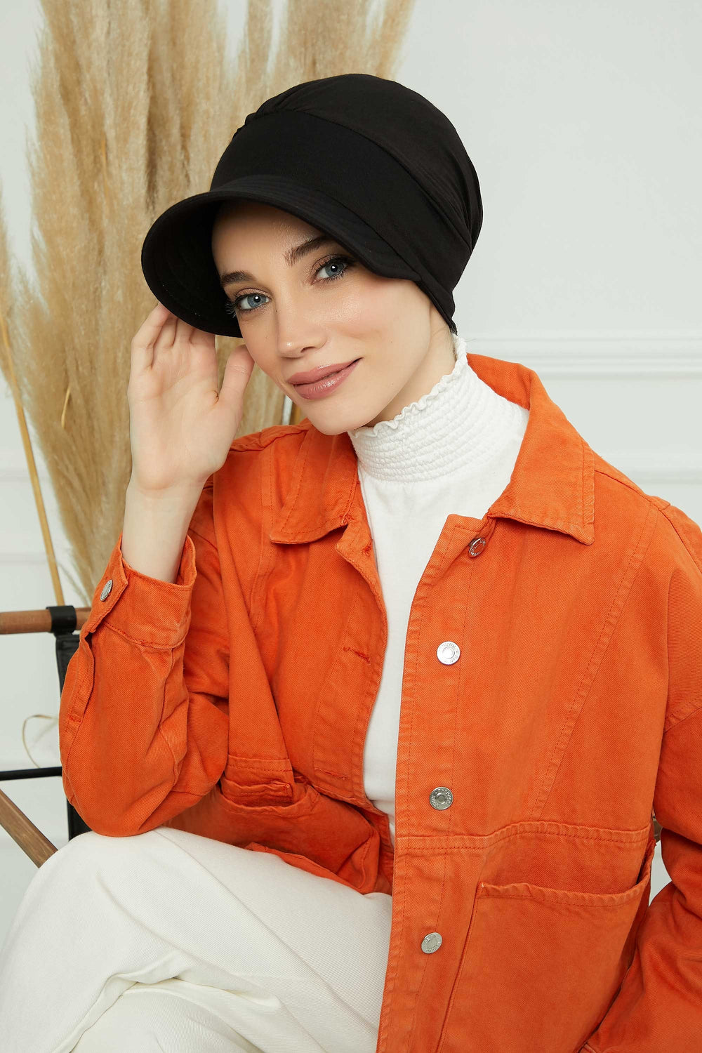 Cotton Visor Women Turban Hat, Sun Protective Newsboy Hat for Women, 95% Cotton Plain Casual Hijab Bonnet Chemo Cap,B-73 Black