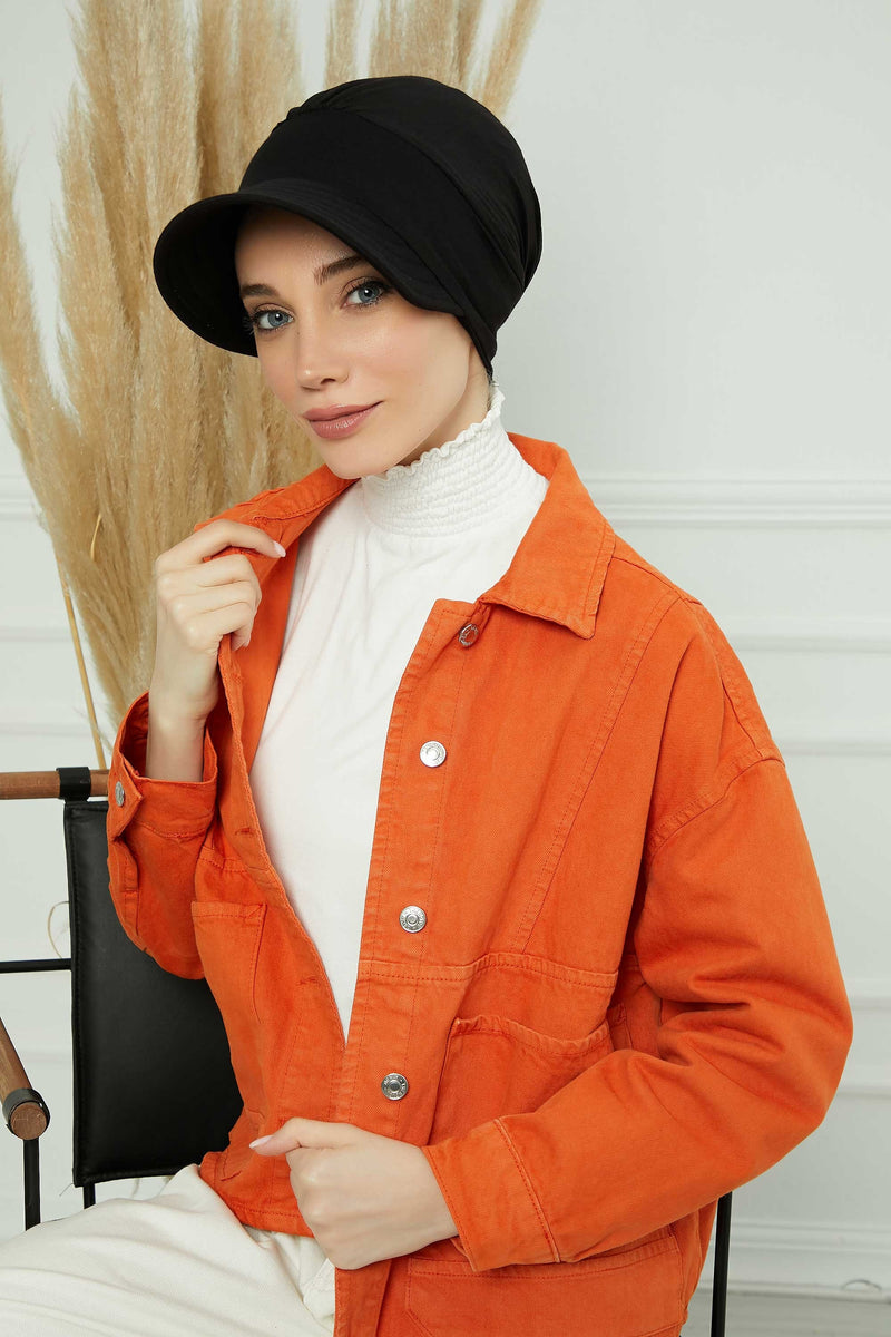Cotton Visor Women Turban Hat, Sun Protective Newsboy Hat for Women, 95% Cotton Plain Casual Hijab Bonnet Chemo Cap,B-73