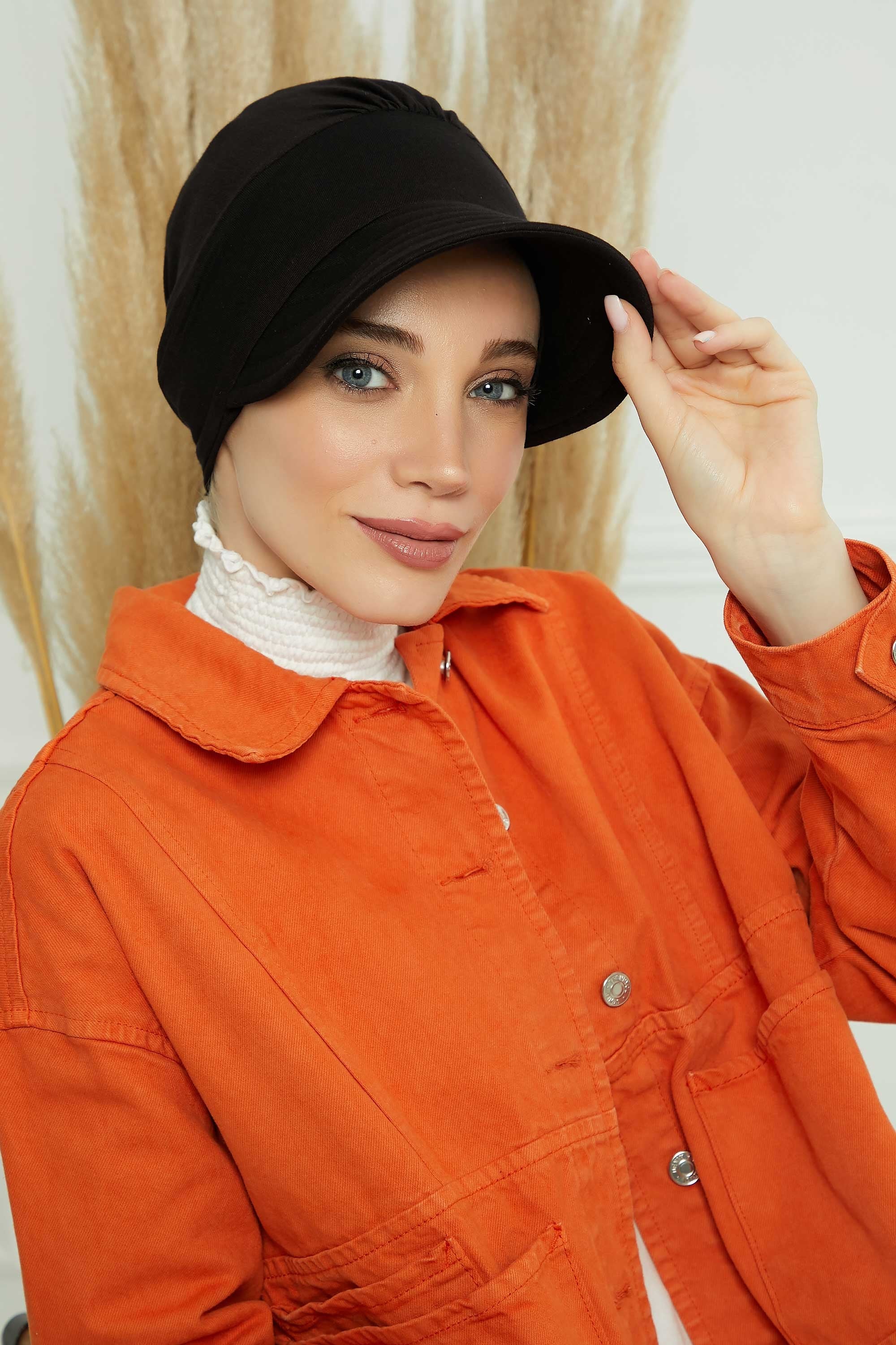Cotton Visor Women Turban Hat, Sun Protective Newsboy Hat for Women, 95% Cotton Plain Casual Hijab Bonnet Chemo Cap,B-73 Black