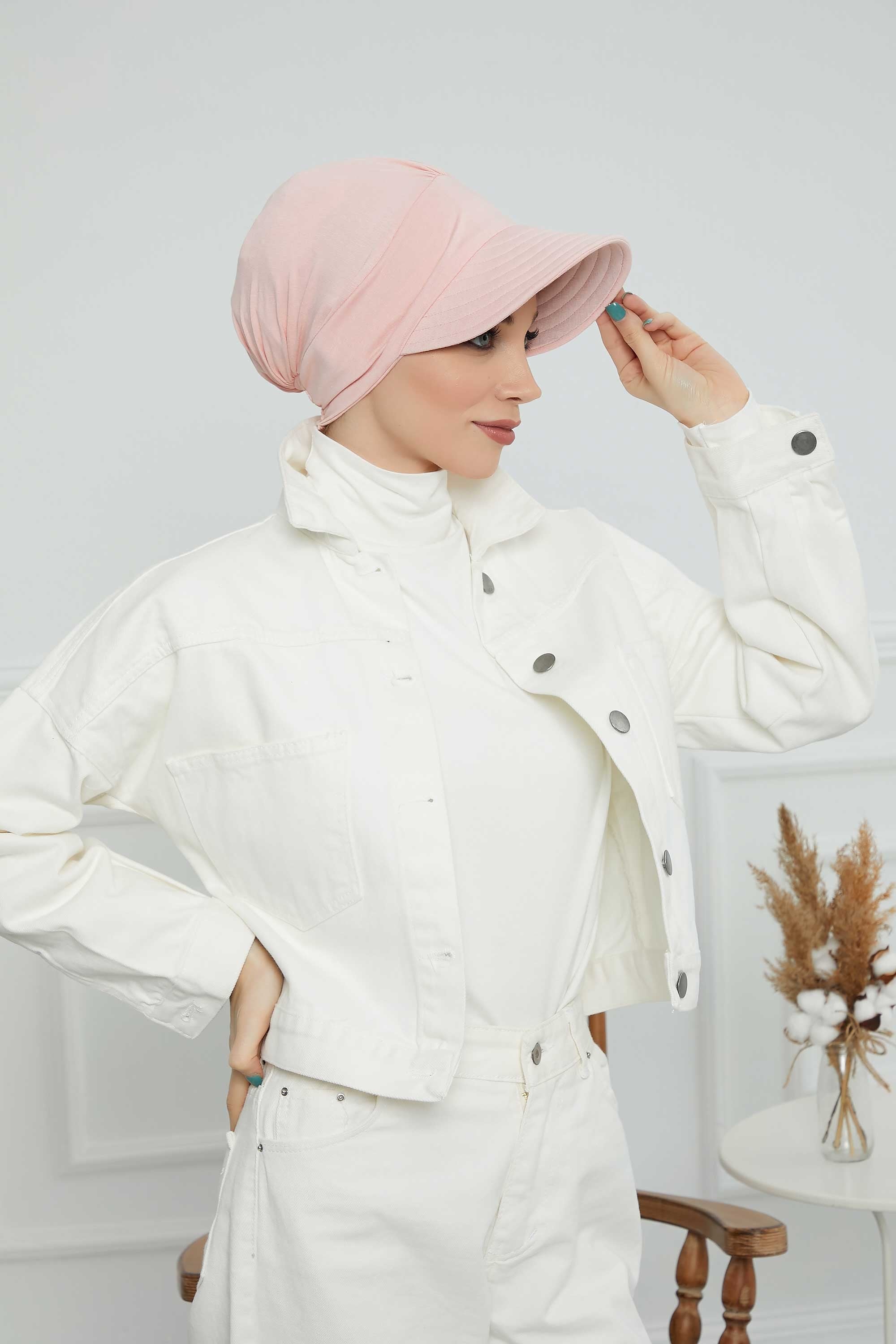 Cotton Visor Women Turban Hat, Sun Protective Newsboy Hat for Women, 95% Cotton Plain Casual Hijab Bonnet Chemo Cap,B-73 Powder