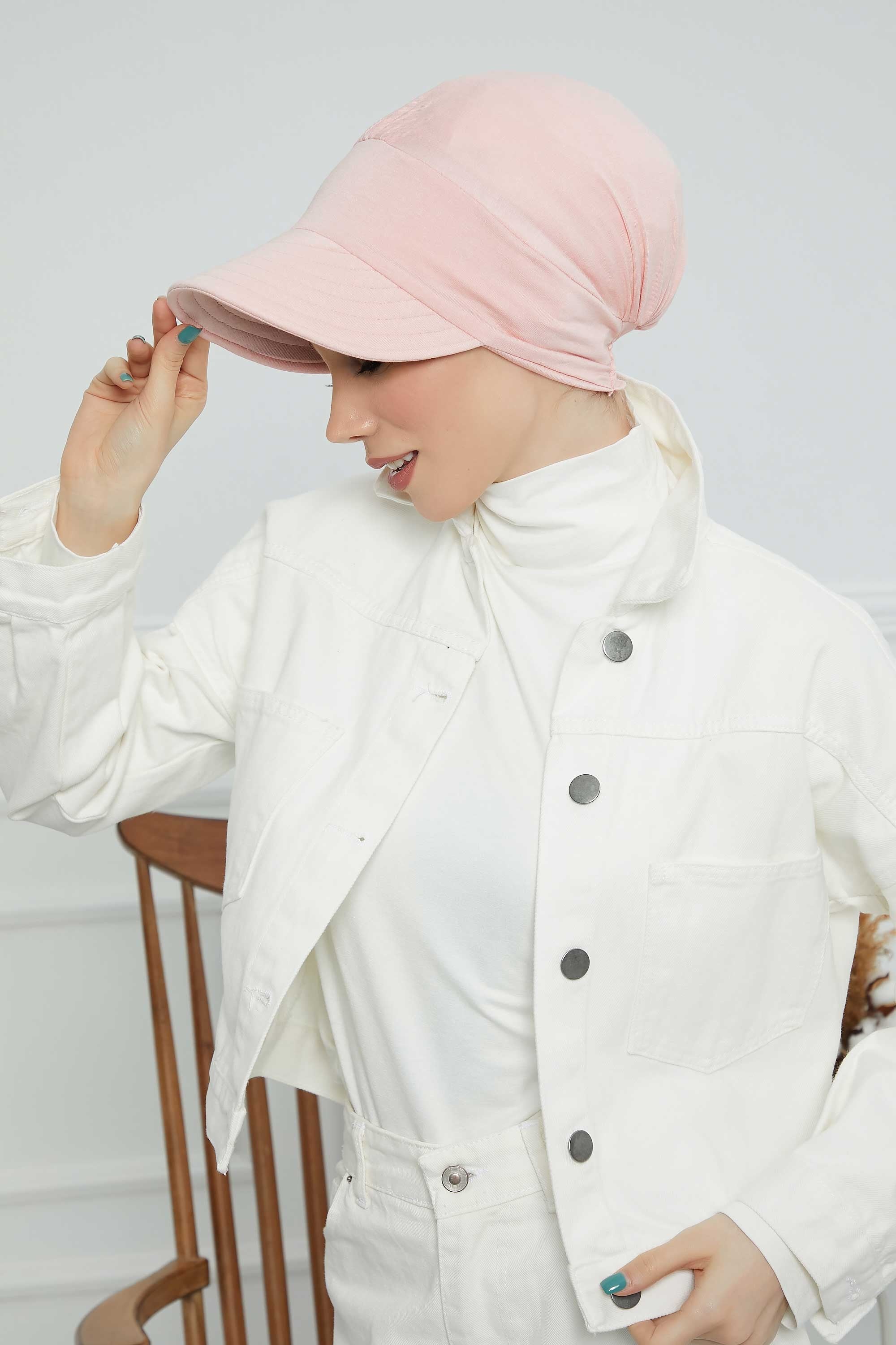 Cotton Visor Women Turban Hat, Sun Protective Newsboy Hat for Women, 95% Cotton Plain Casual Hijab Bonnet Chemo Cap,B-73 Powder