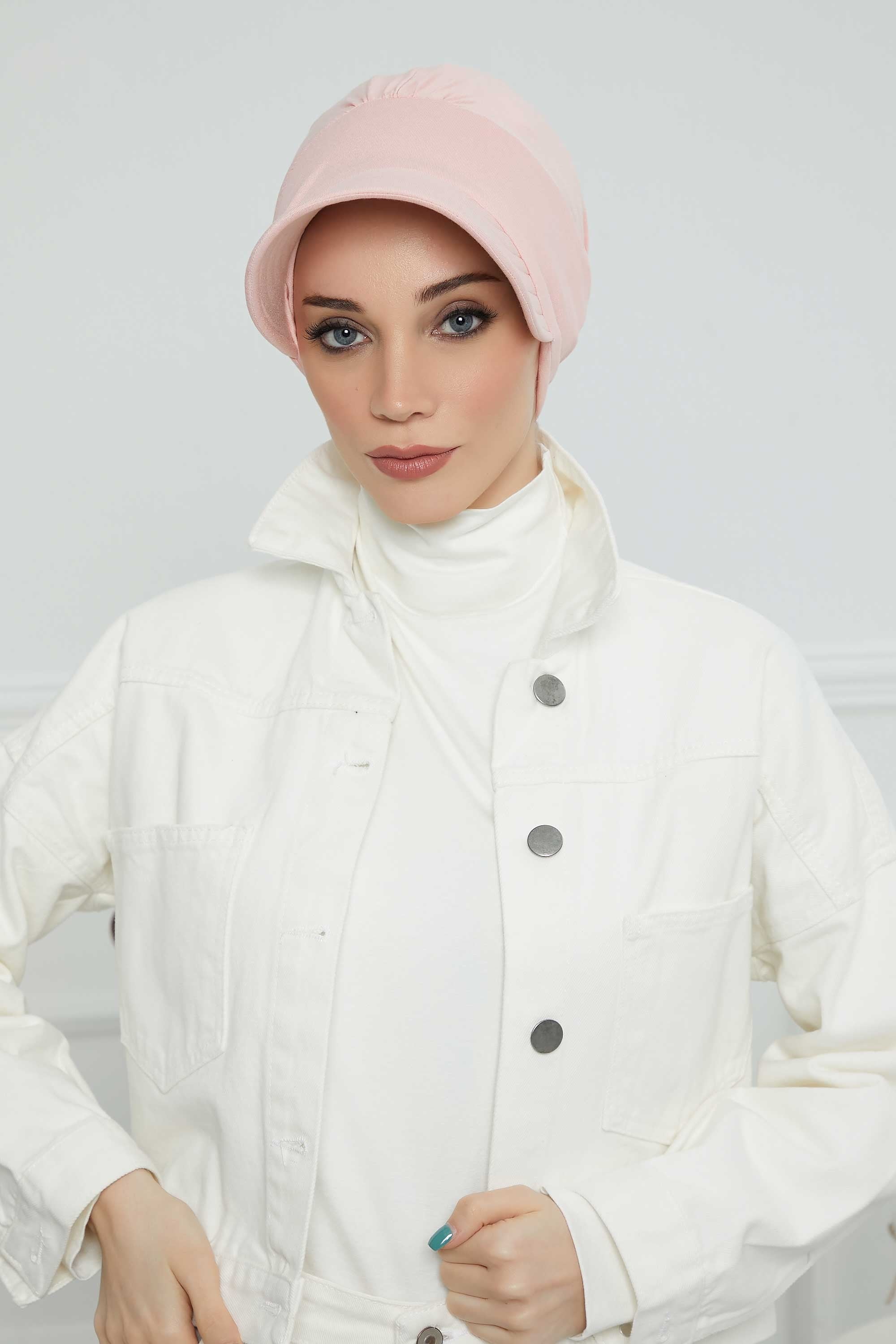 Cotton Visor Women Turban Hat, Sun Protective Newsboy Hat for Women, 95% Cotton Plain Casual Hijab Bonnet Chemo Cap,B-73 Powder
