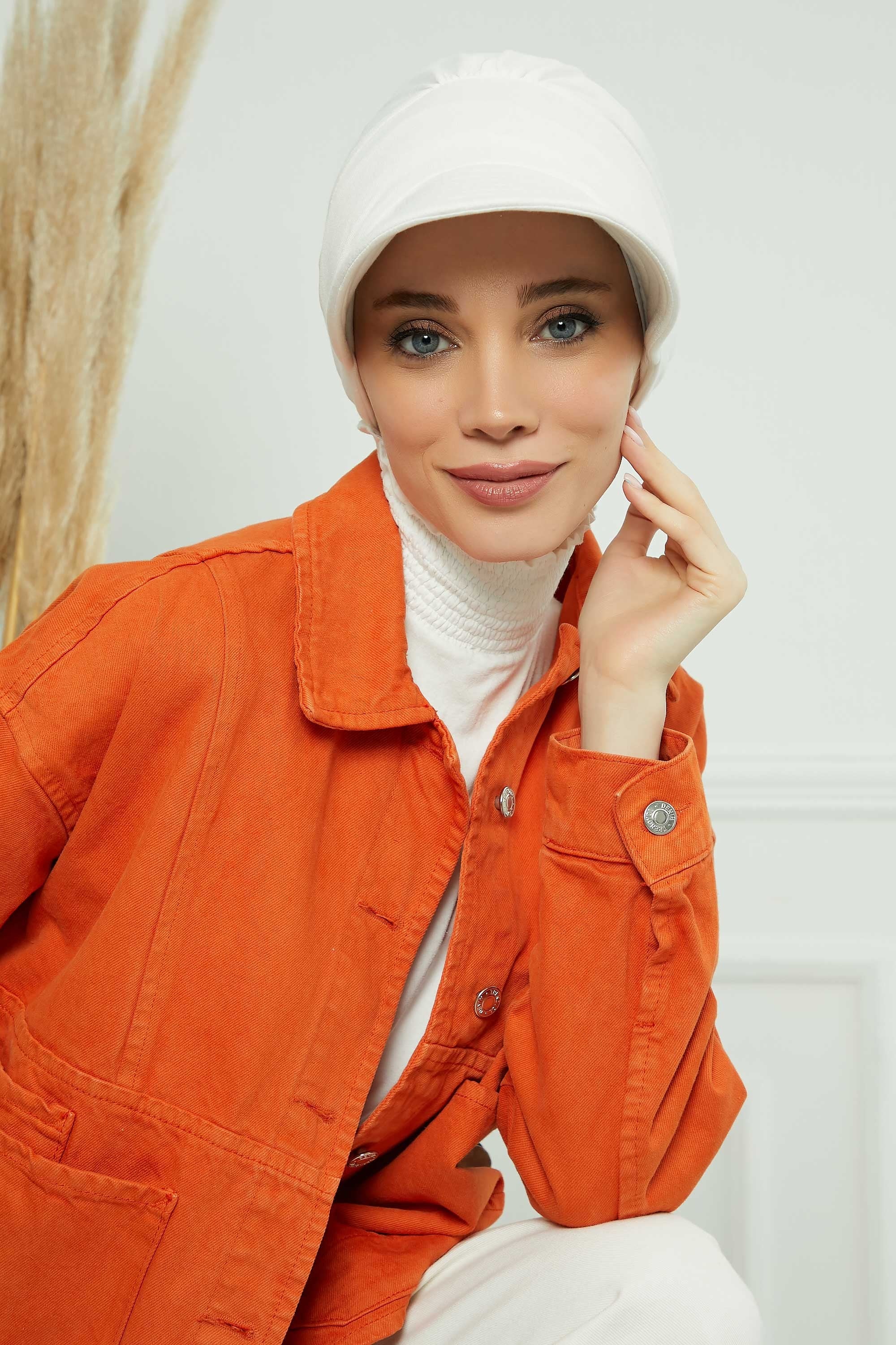Cotton Visor Women Turban Hat, Sun Protective Newsboy Hat for Women, 95% Cotton Plain Casual Hijab Bonnet Chemo Cap,B-73 Ivory