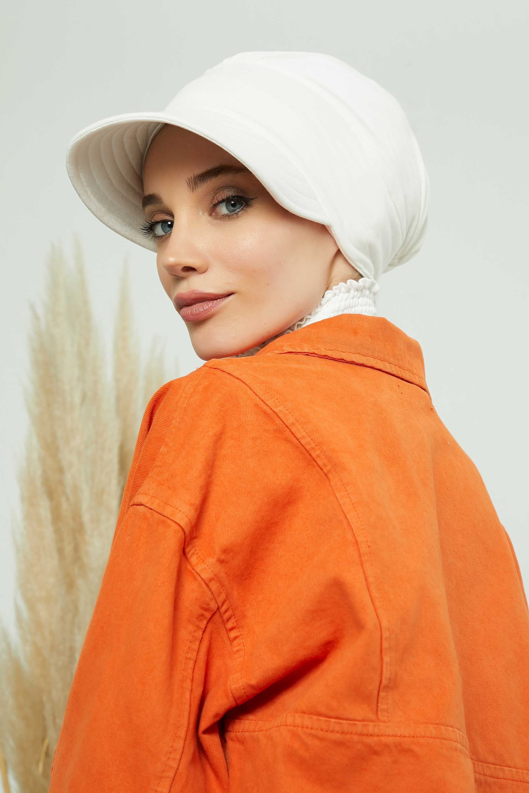 Cotton Visor Women Turban Hat, Sun Protective Newsboy Hat for Women, 95% Cotton Plain Casual Hijab Bonnet Chemo Cap,B-73 Ivory