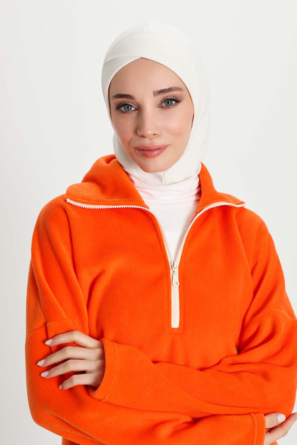 Cross-Stitch Design Inner Turban Bonnet for Women, One-Size Inner Turban Bonnet for Women, Simple Ribbed Winter Hijab Turban Bonnet,TB-4RB White