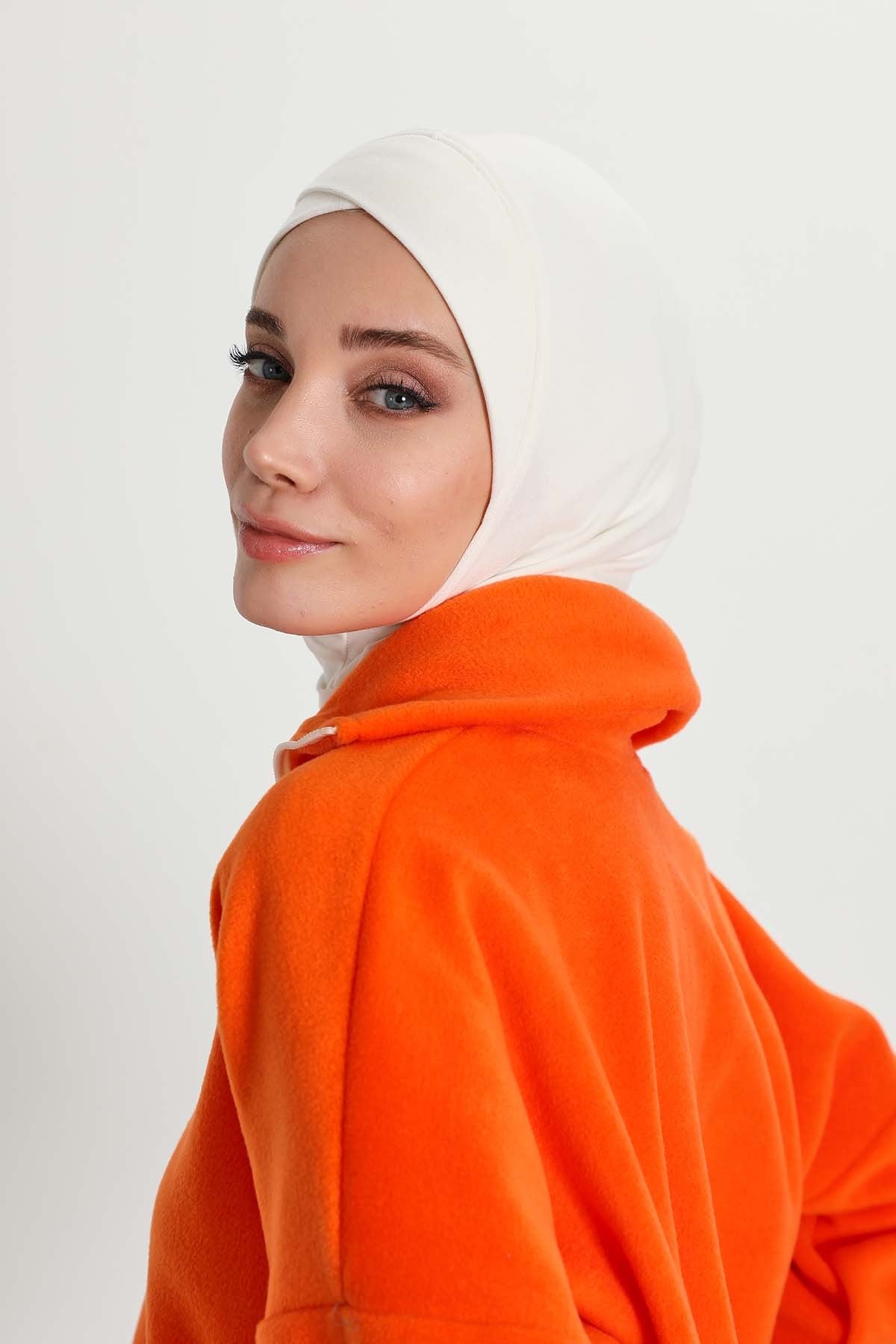 Cross-Stitch Design Inner Turban Bonnet for Women, One-Size Inner Turban Bonnet for Women, Simple Ribbed Winter Hijab Turban Bonnet,TB-4RB White