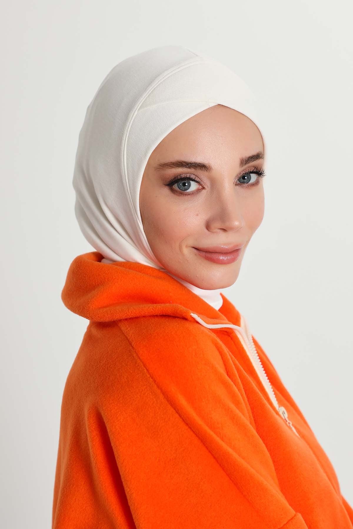 Cross-Stitch Design Inner Turban Bonnet for Women, One-Size Inner Turban Bonnet for Women, Simple Ribbed Winter Hijab Turban Bonnet,TB-4RB White