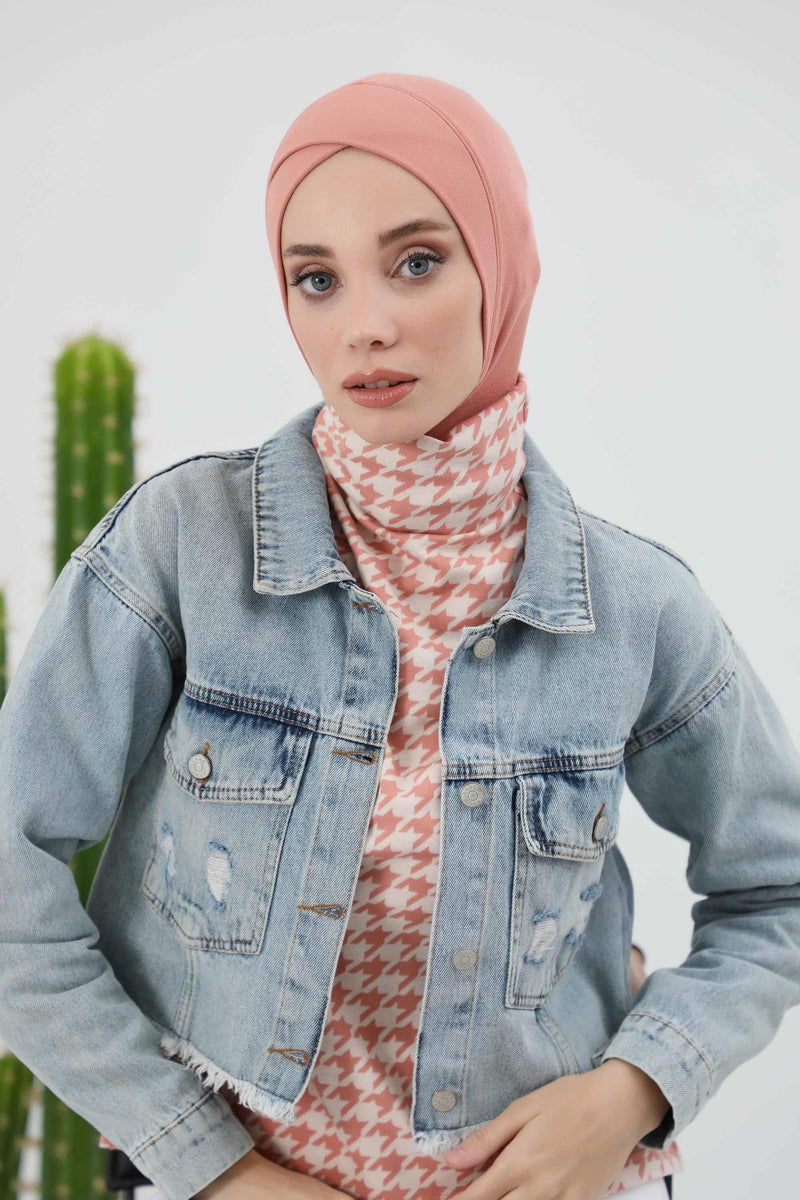 Cross-Stitch Design Inner Turban Bonnet for Women, One-Size Inner Turban Bonnet for Women, Simple Ribbed Winter Hijab Turban Bonnet,TB-4RB