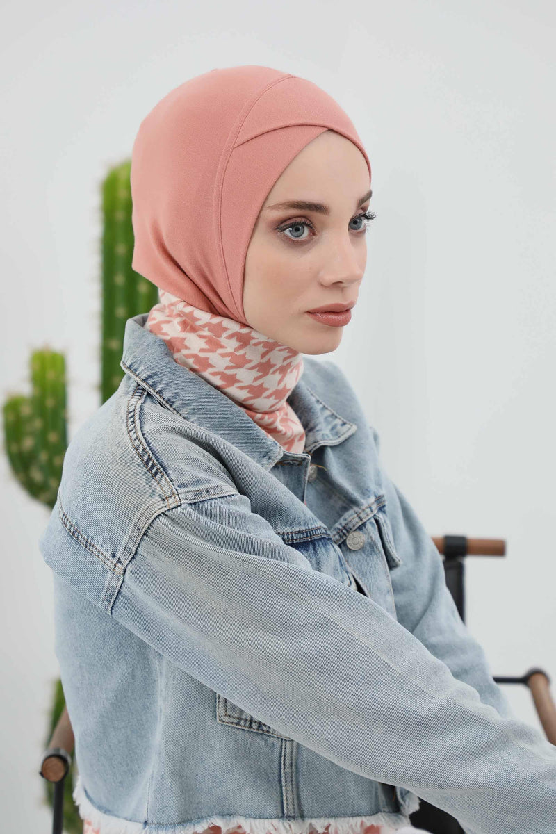 Cross-Stitch Design Inner Turban Bonnet for Women, One-Size Inner Turban Bonnet for Women, Simple Ribbed Winter Hijab Turban Bonnet,TB-4RB
