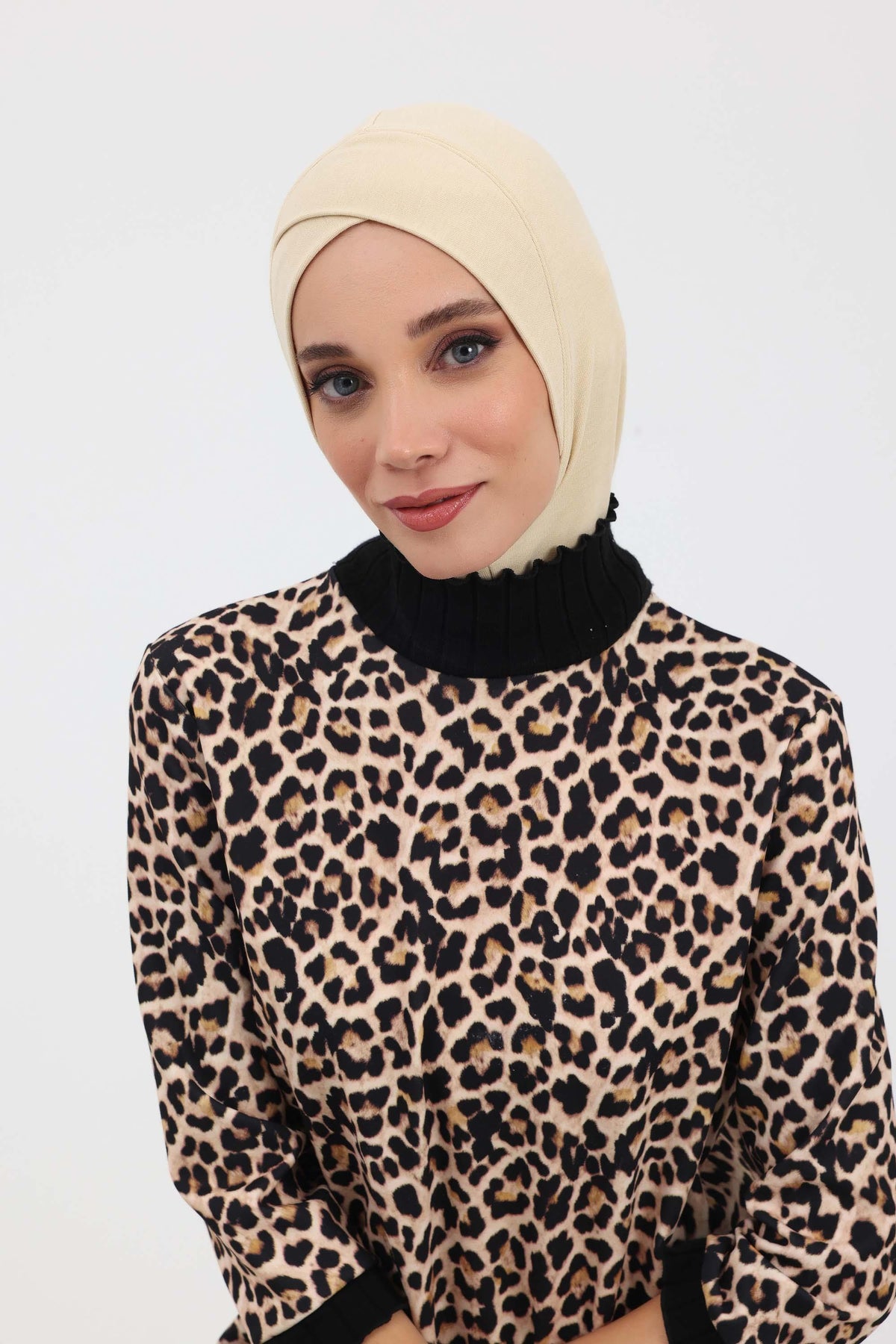 Cross-Stitch Design Inner Turban Bonnet for Women, One-Size Inner Turban Bonnet for Women, Simple Ribbed Winter Hijab Turban Bonnet,TB-4RB Ivory