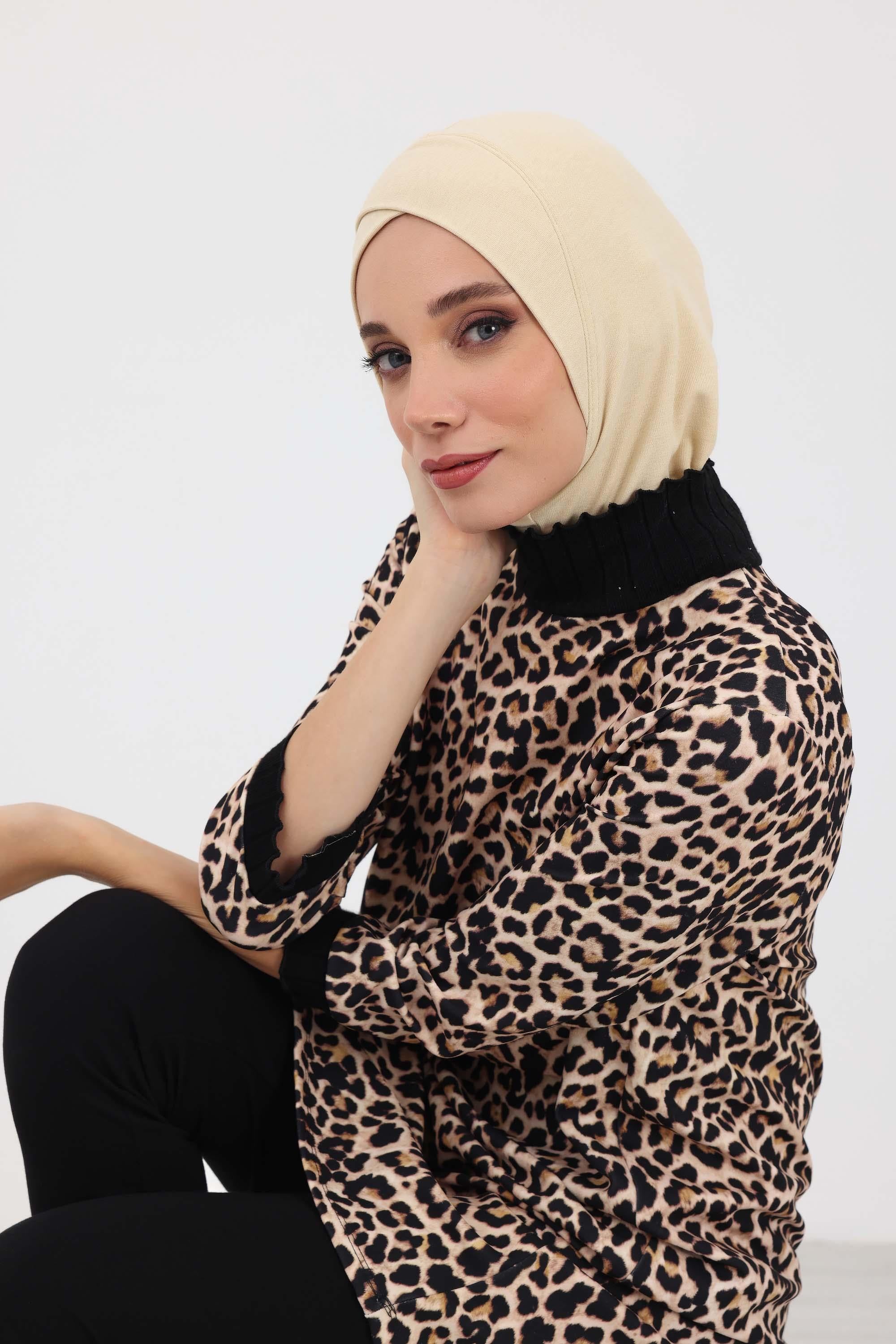 Cross-Stitch Design Inner Turban Bonnet for Women, One-Size Inner Turban Bonnet for Women, Simple Ribbed Winter Hijab Turban Bonnet,TB-4RB Ivory