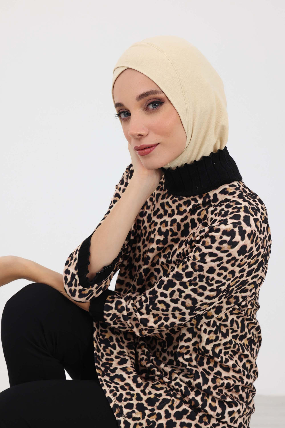 Cross-Stitch Design Inner Turban Bonnet for Women, One-Size Inner Turban Bonnet for Women, Simple Ribbed Winter Hijab Turban Bonnet,TB-4RB Ivory