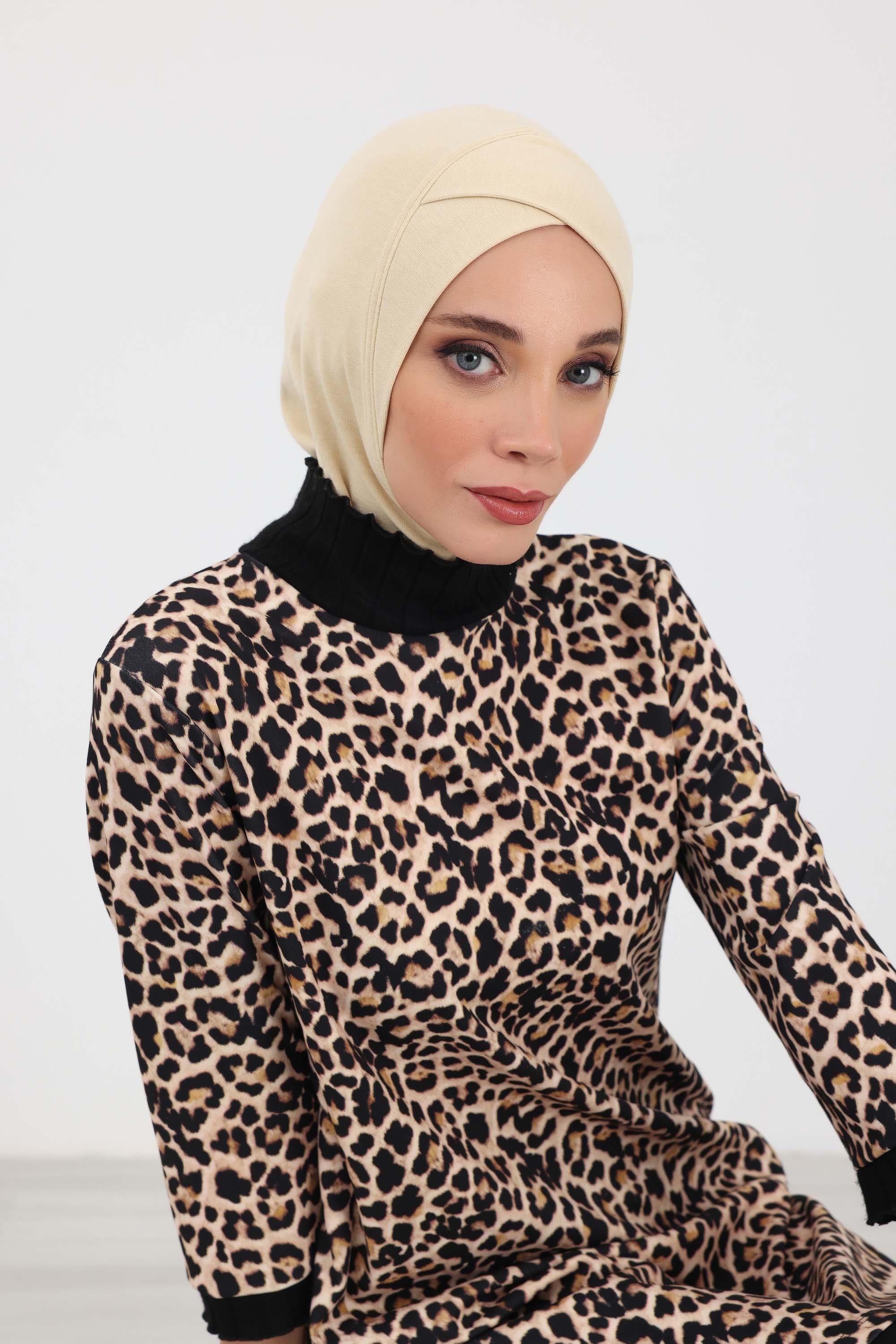 Cross-Stitch Design Inner Turban Bonnet for Women, One-Size Inner Turban Bonnet for Women, Simple Ribbed Winter Hijab Turban Bonnet,TB-4RB Ivory