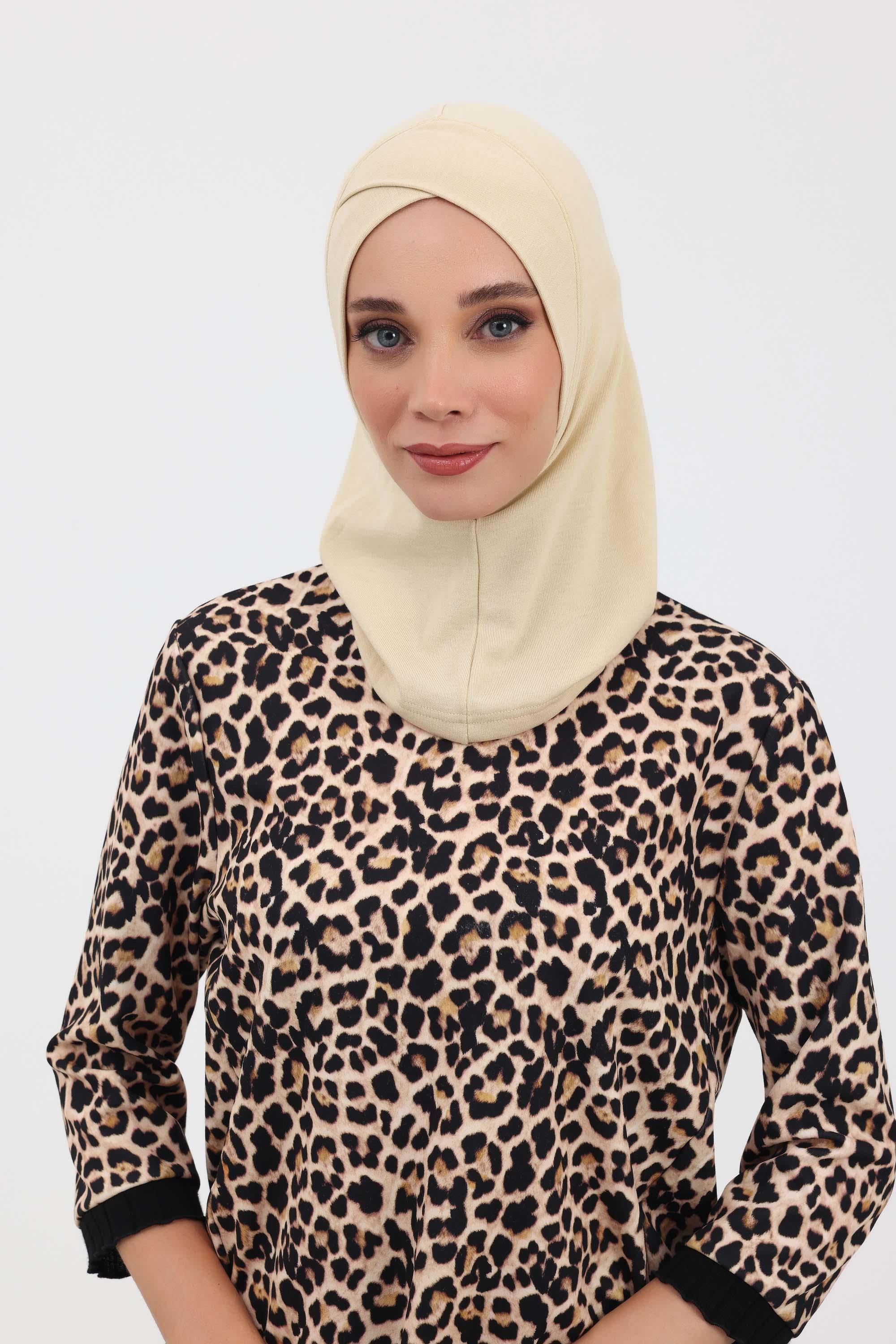 Cross-Stitch Design Inner Turban Bonnet for Women, One-Size Inner Turban Bonnet for Women, Simple Ribbed Winter Hijab Turban Bonnet,TB-4RB Ivory