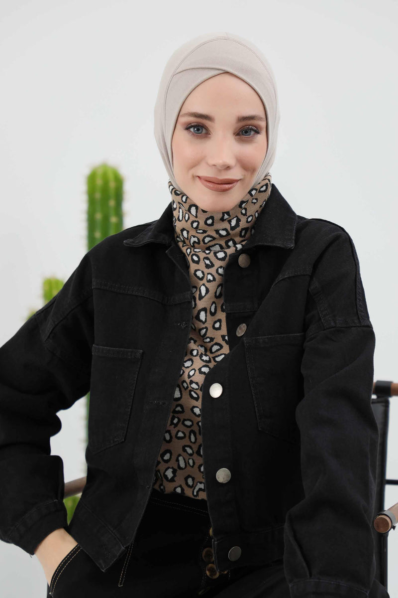 Cross-Stitch Design Inner Turban Bonnet for Women, One-Size Inner Turban Bonnet for Women, Simple Ribbed Winter Hijab Turban Bonnet,TB-4RB