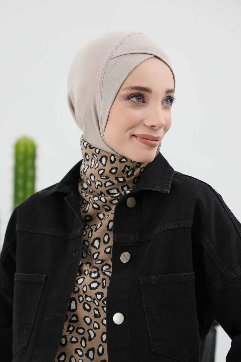 Cross-Stitch Design Inner Turban Bonnet for Women, One-Size Inner Turban Bonnet for Women, Simple Ribbed Winter Hijab Turban Bonnet,TB-4RB