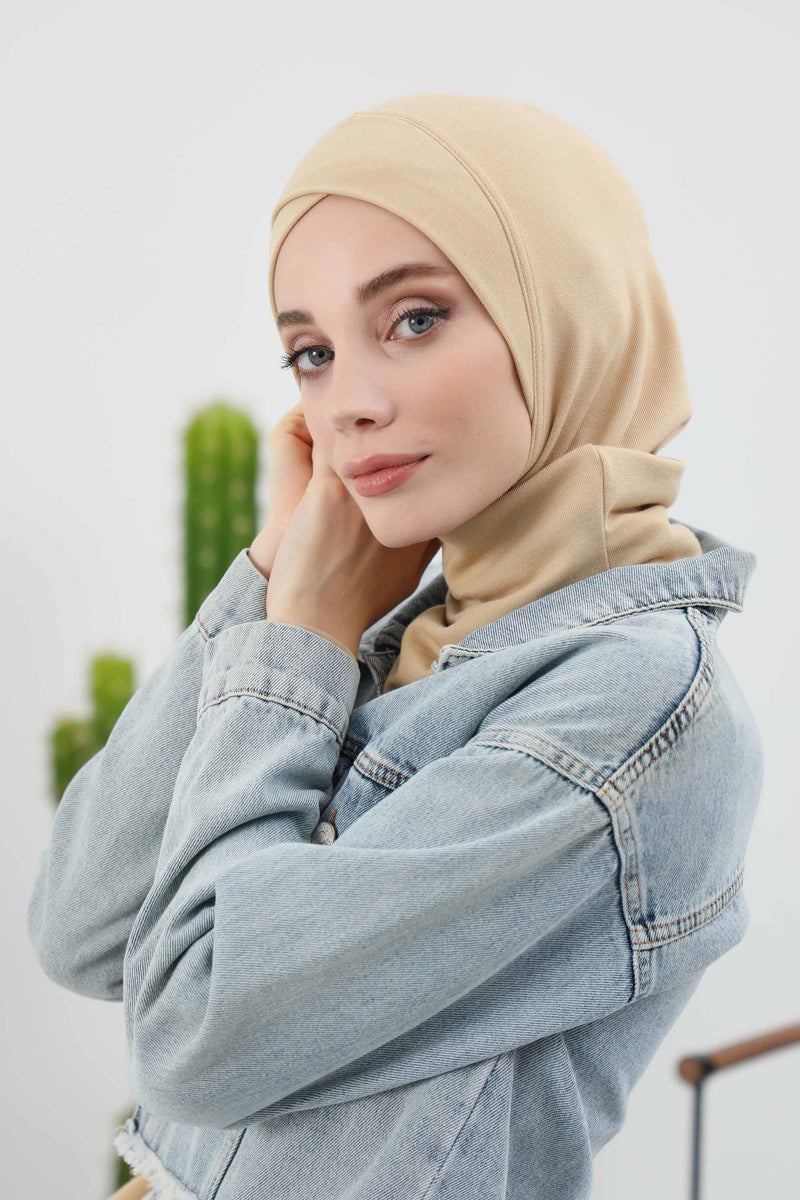 Cross-Stitch Design Inner Turban Bonnet for Women, One-Size Inner Turban Bonnet for Women, Simple Ribbed Winter Hijab Turban Bonnet,TB-4RB