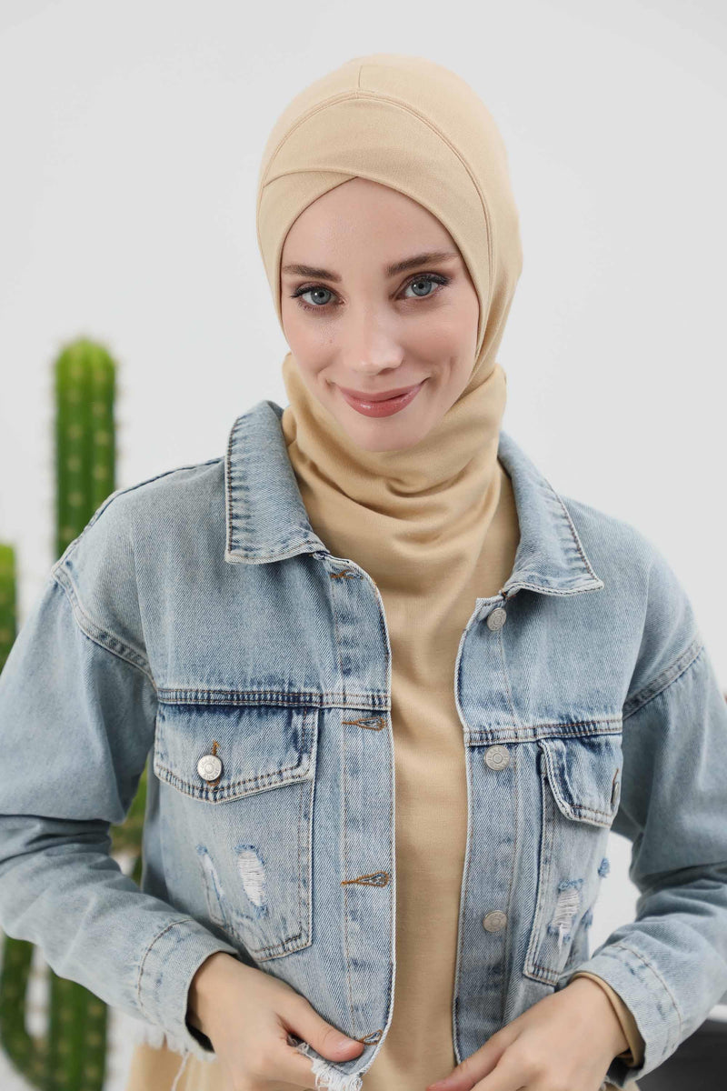 Cross-Stitch Design Inner Turban Bonnet for Women, One-Size Inner Turban Bonnet for Women, Simple Ribbed Winter Hijab Turban Bonnet,TB-4RB