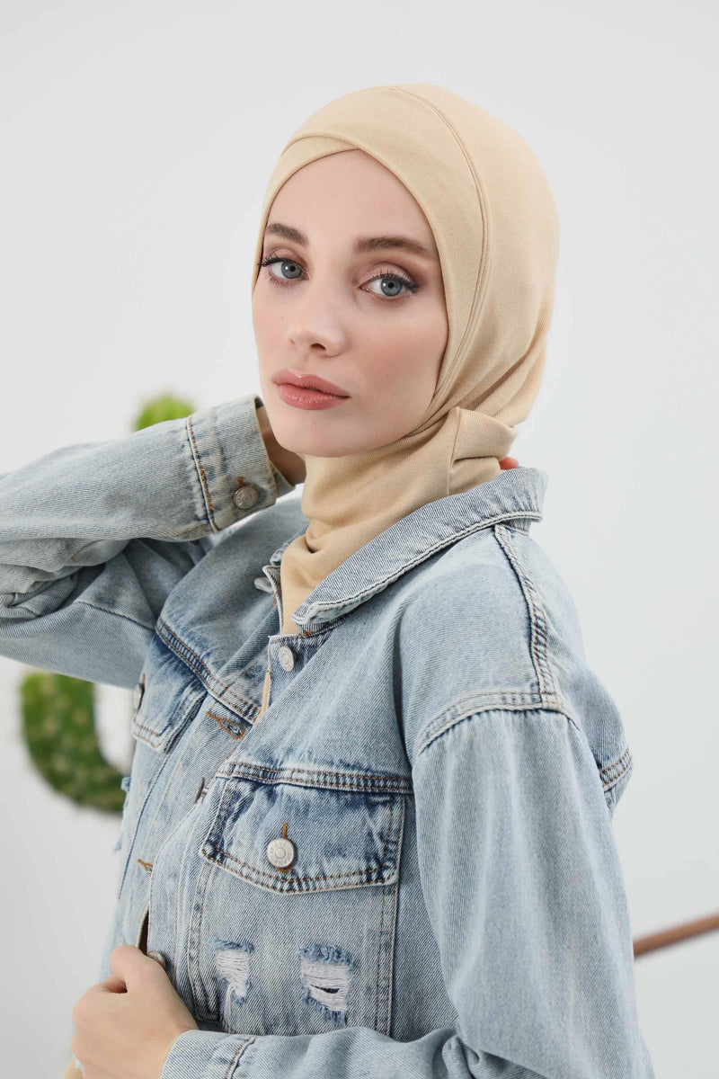 Cross-Stitch Design Inner Turban Bonnet for Women, One-Size Inner Turban Bonnet for Women, Simple Ribbed Winter Hijab Turban Bonnet,TB-4RB