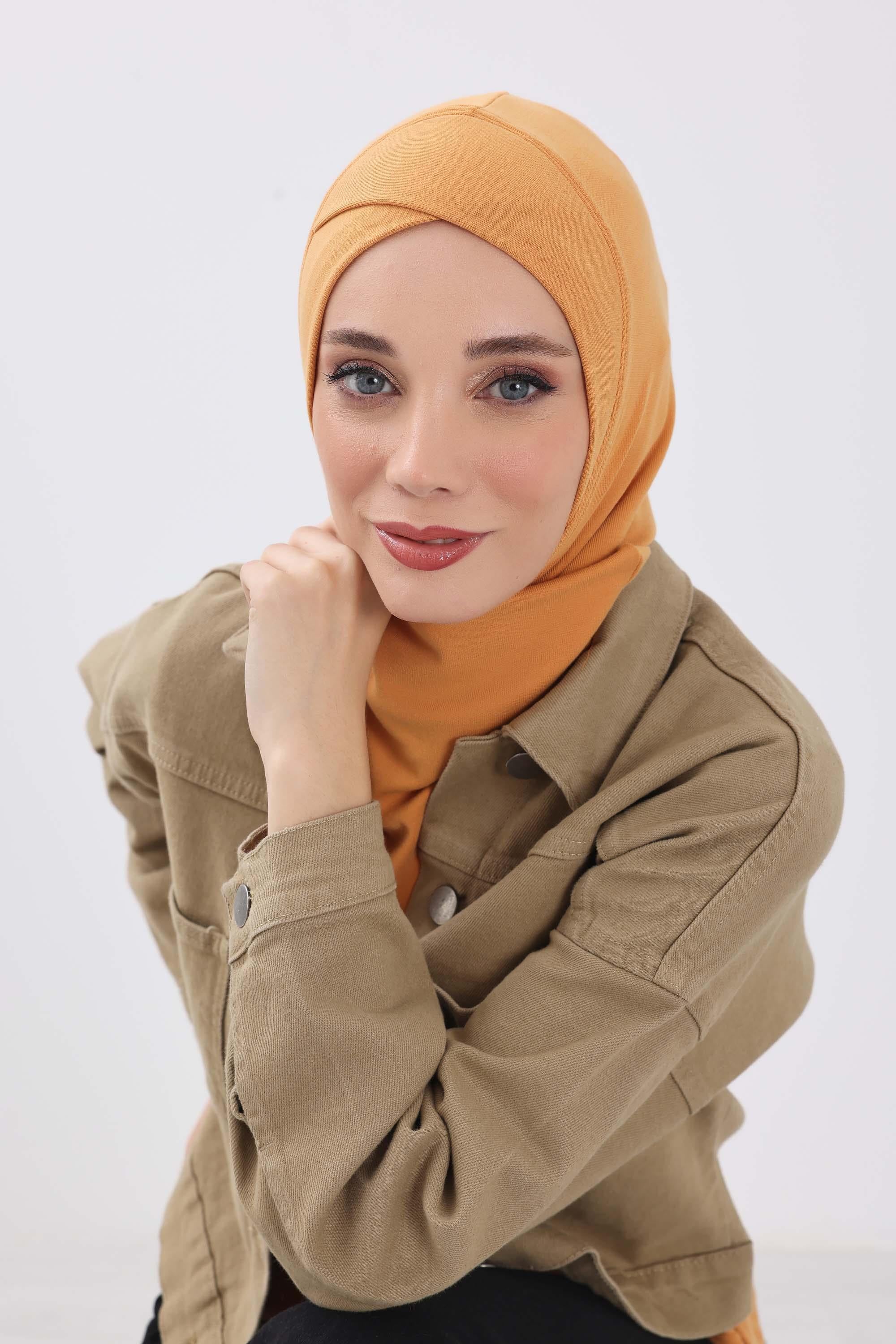 Cross-Stitch Design Inner Turban Bonnet for Women, One-Size Inner Turban Bonnet for Women, Simple Ribbed Winter Hijab Turban Bonnet,TB-4RB Orange
