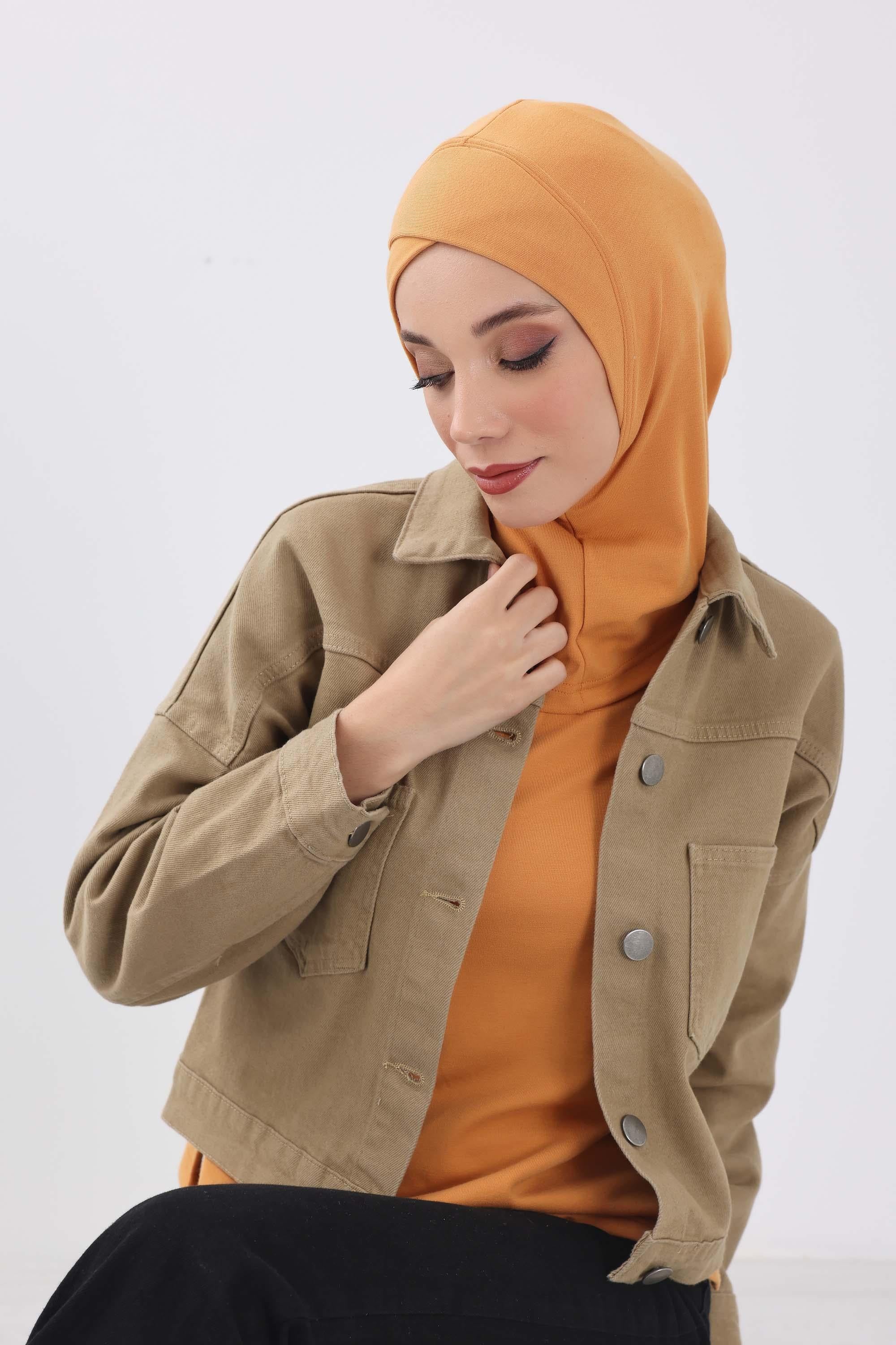Cross-Stitch Design Inner Turban Bonnet for Women, One-Size Inner Turban Bonnet for Women, Simple Ribbed Winter Hijab Turban Bonnet,TB-4RB Orange