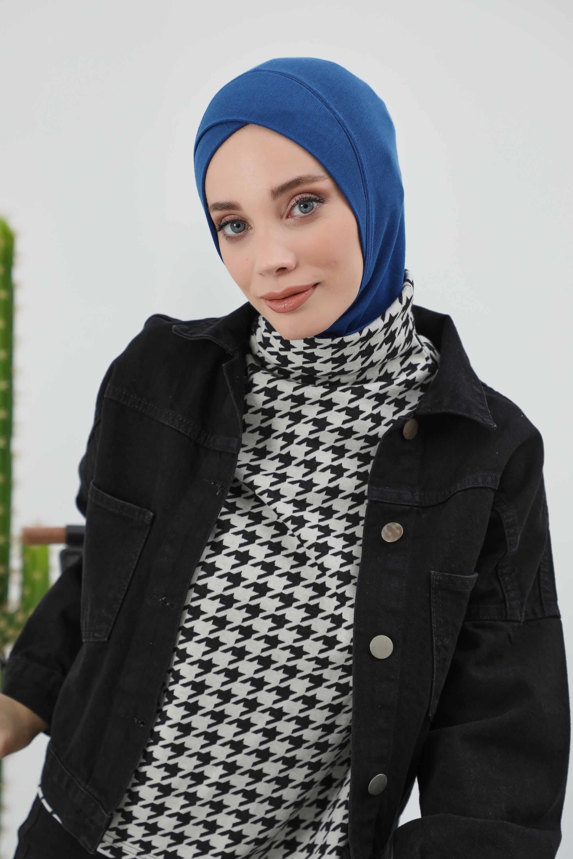 Cross-Stitch Design Inner Turban Bonnet for Women, One-Size Inner Turban Bonnet for Women, Simple Ribbed Winter Hijab Turban Bonnet,TB-4RB Dark Blue