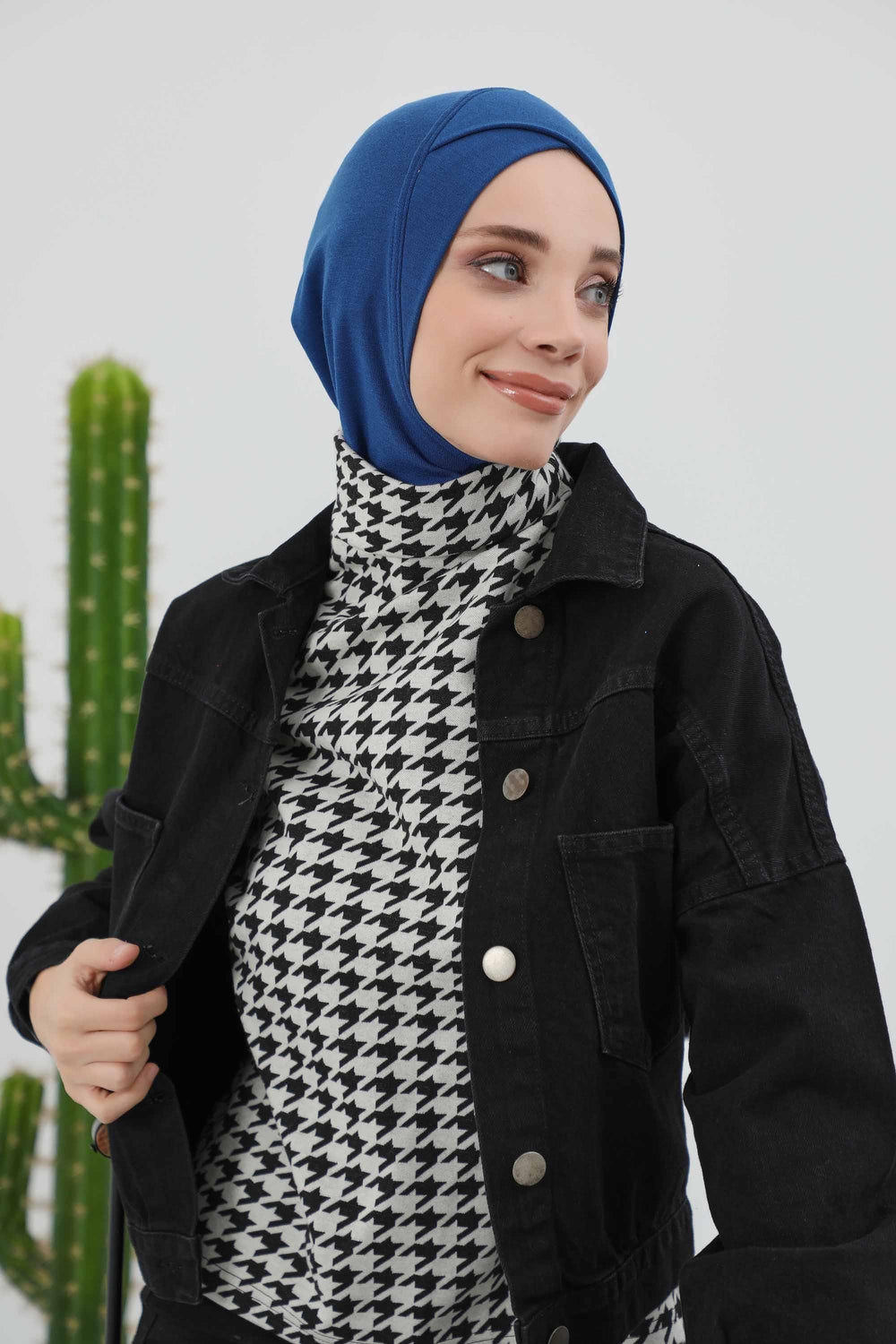 Cross-Stitch Design Inner Turban Bonnet for Women, One-Size Inner Turban Bonnet for Women, Simple Ribbed Winter Hijab Turban Bonnet,TB-4RB Dark Blue
