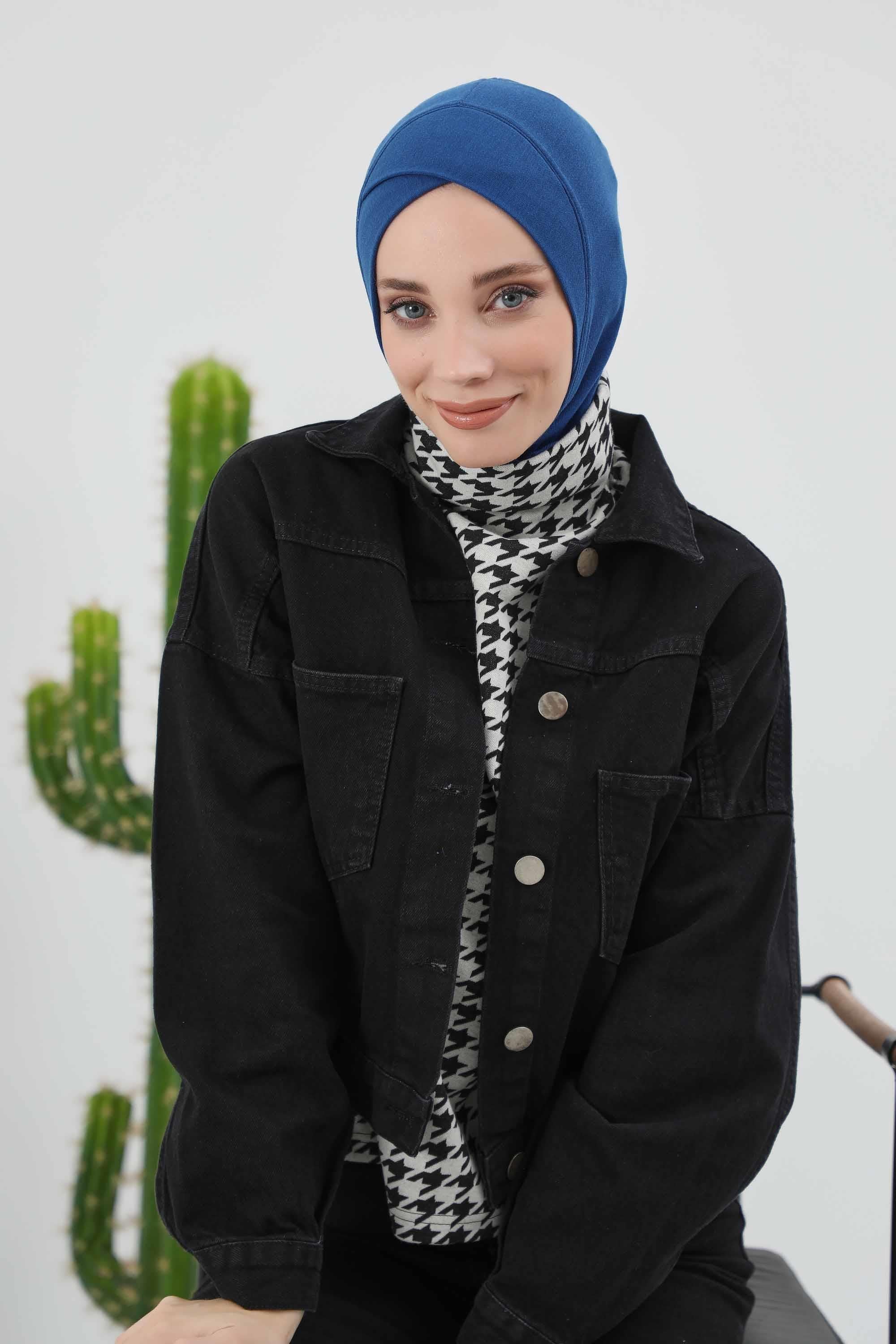 Cross-Stitch Design Inner Turban Bonnet for Women, One-Size Inner Turban Bonnet for Women, Simple Ribbed Winter Hijab Turban Bonnet,TB-4RB Dark Blue