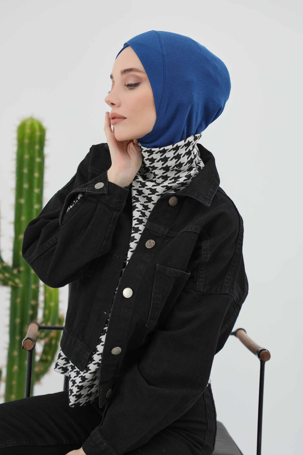 Cross-Stitch Design Inner Turban Bonnet for Women, One-Size Inner Turban Bonnet for Women, Simple Ribbed Winter Hijab Turban Bonnet,TB-4RB Dark Blue
