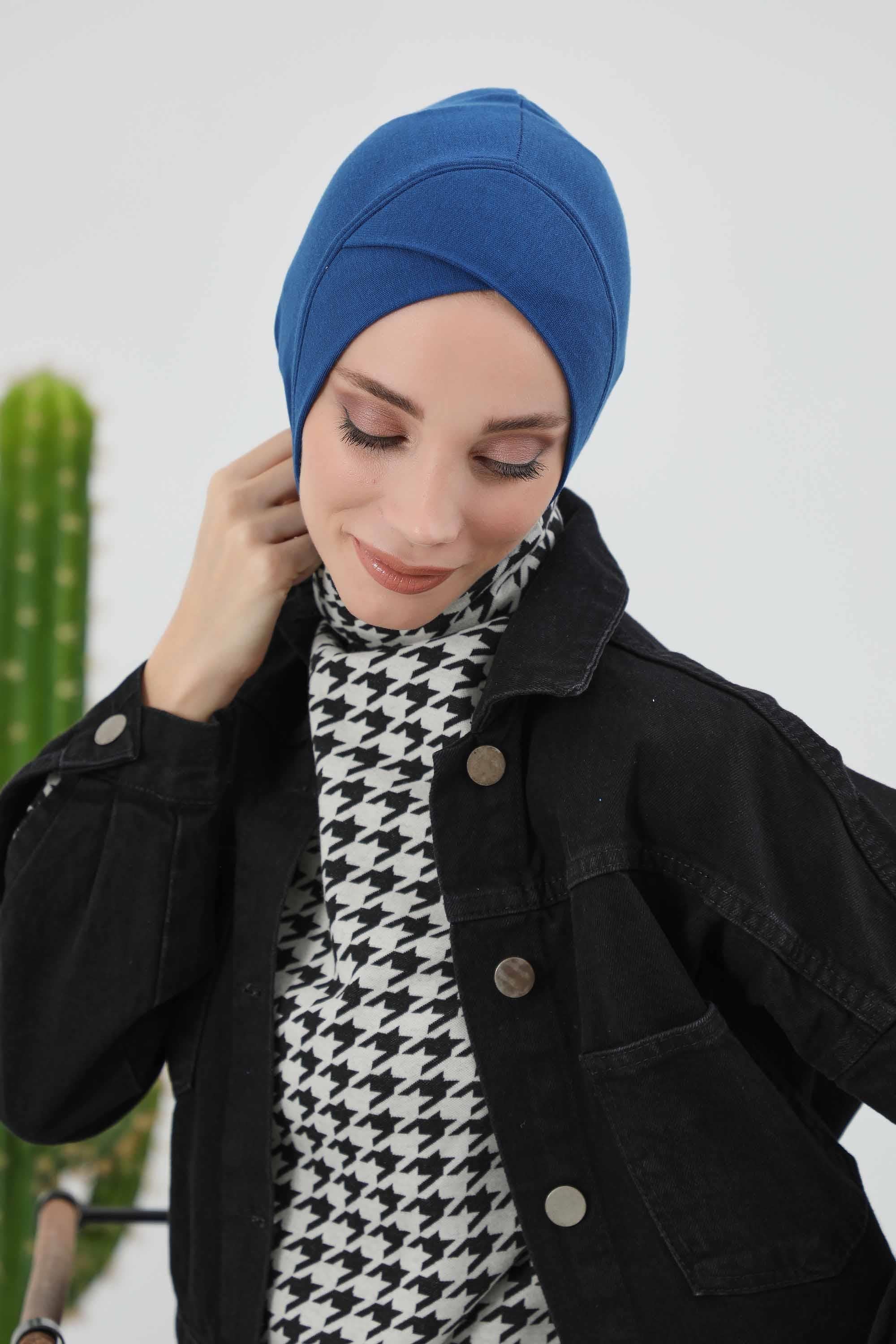 Cross-Stitch Design Inner Turban Bonnet for Women, One-Size Inner Turban Bonnet for Women, Simple Ribbed Winter Hijab Turban Bonnet,TB-4RB Dark Blue