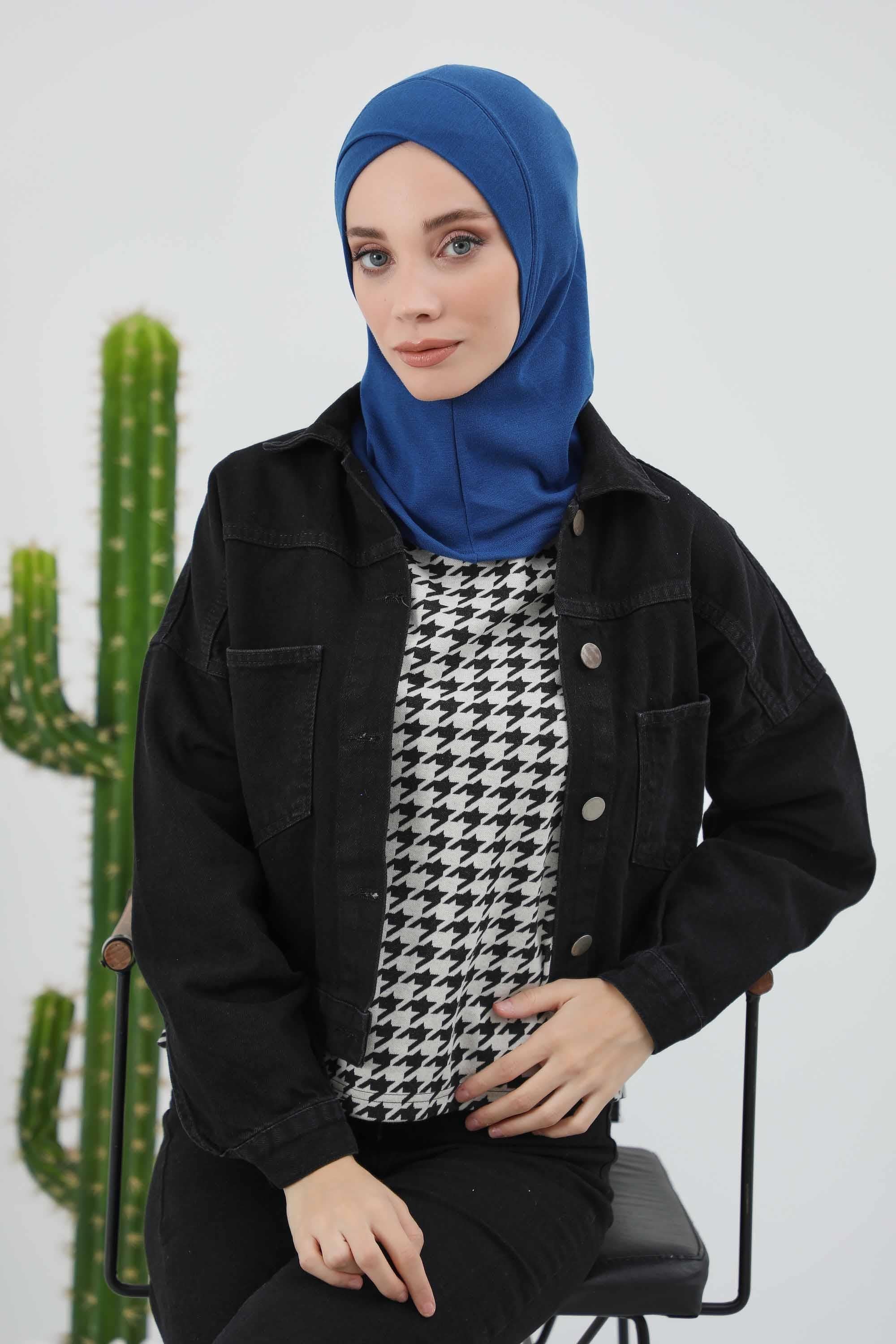 Cross-Stitch Design Inner Turban Bonnet for Women, One-Size Inner Turban Bonnet for Women, Simple Ribbed Winter Hijab Turban Bonnet,TB-4RB Dark Blue