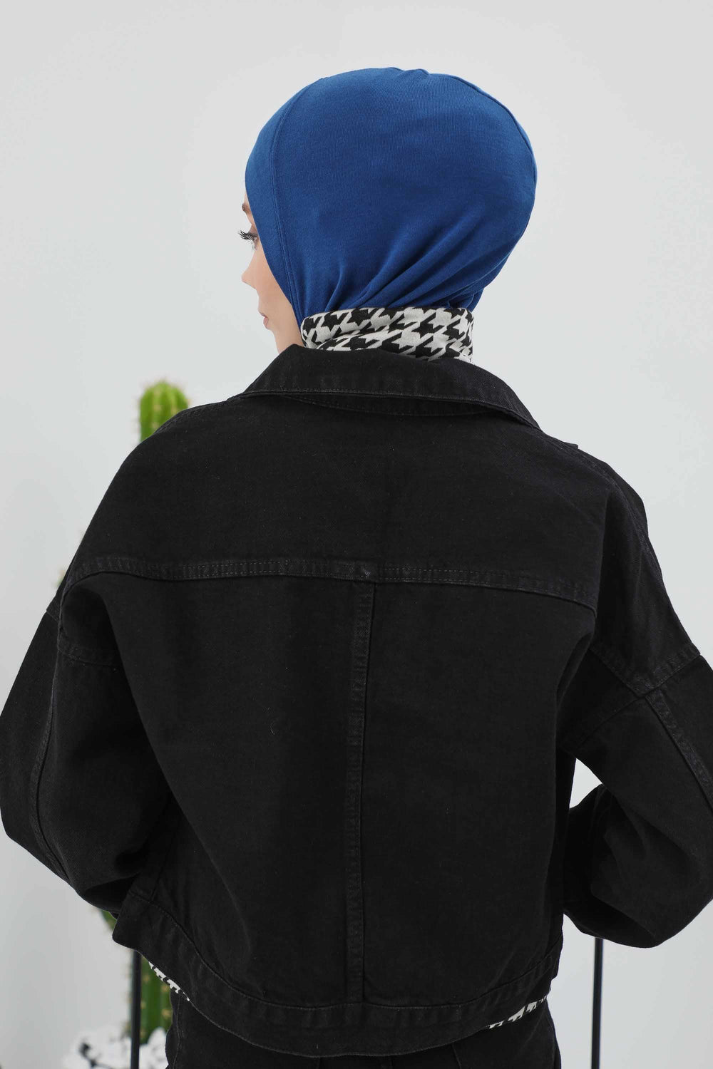 Cross-Stitch Design Inner Turban Bonnet for Women, One-Size Inner Turban Bonnet for Women, Simple Ribbed Winter Hijab Turban Bonnet,TB-4RB Dark Blue