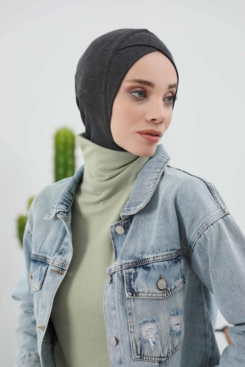 Cross-Stitch Design Inner Turban Bonnet for Women, One-Size Inner Turban Bonnet for Women, Simple Ribbed Winter Hijab Turban Bonnet,TB-4RB