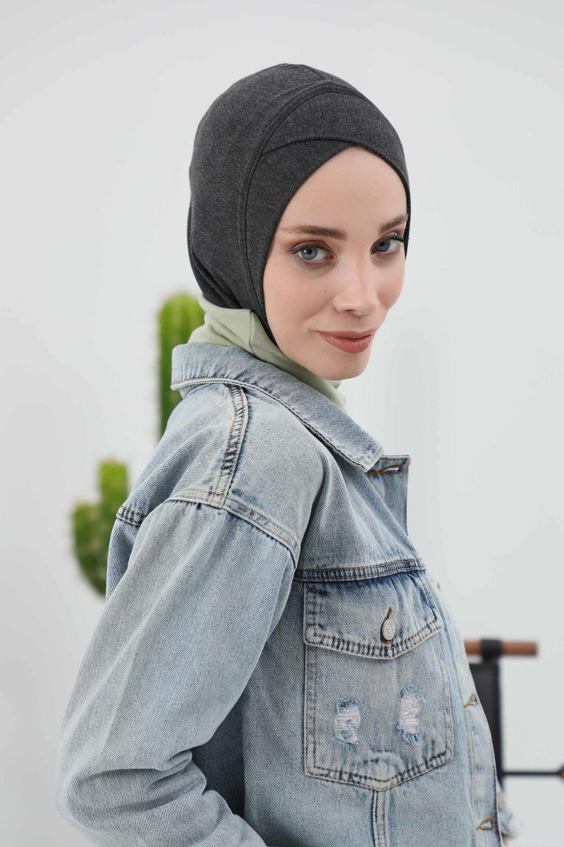 Cross-Stitch Design Inner Turban Bonnet for Women, One-Size Inner Turban Bonnet for Women, Simple Ribbed Winter Hijab Turban Bonnet,TB-4RB