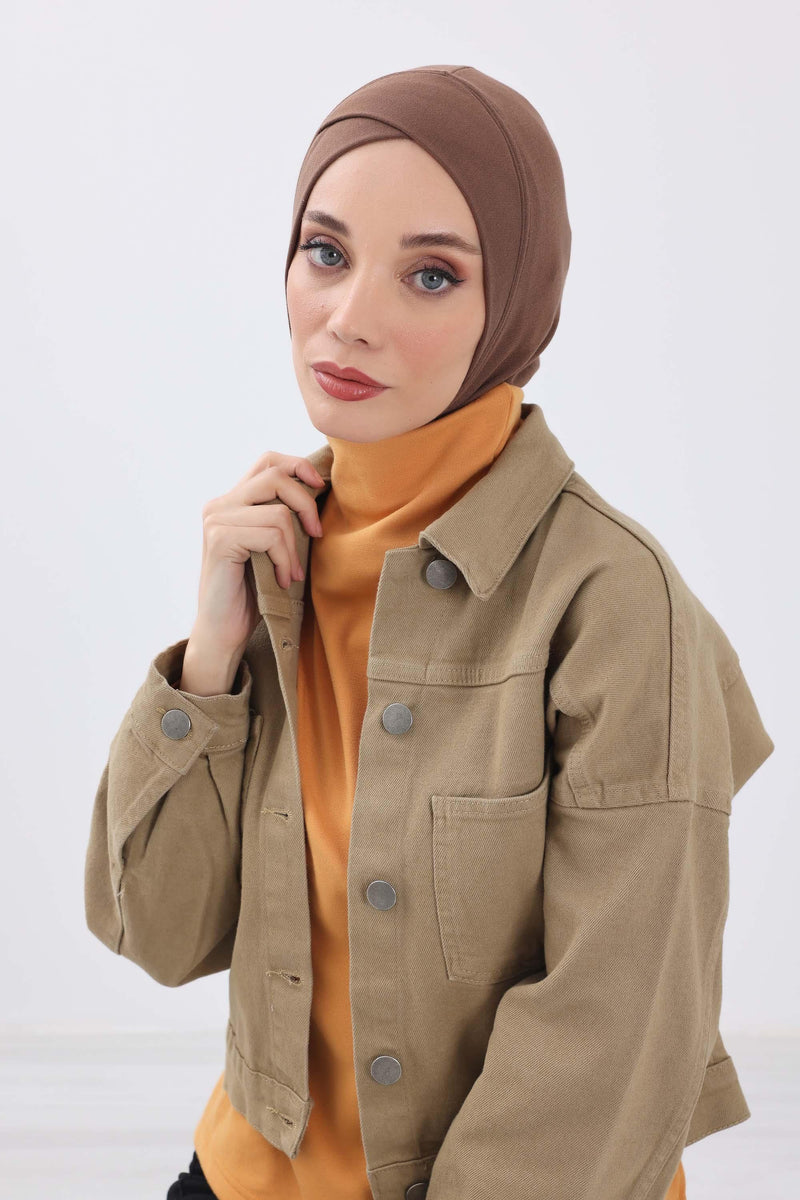 Cross-Stitch Design Inner Turban Bonnet for Women, One-Size Inner Turban Bonnet for Women, Simple Ribbed Winter Hijab Turban Bonnet,TB-4RB