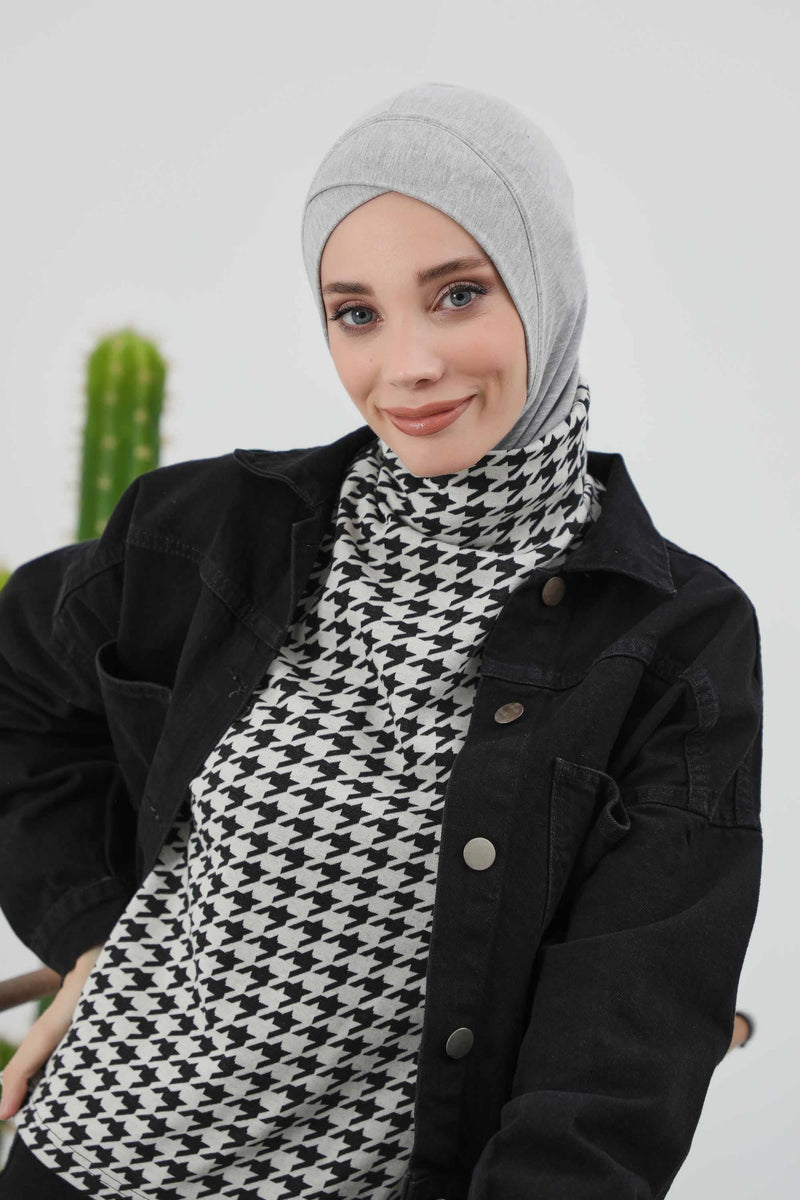 Cross-Stitch Design Inner Turban Bonnet for Women, One-Size Inner Turban Bonnet for Women, Simple Ribbed Winter Hijab Turban Bonnet,TB-4RB