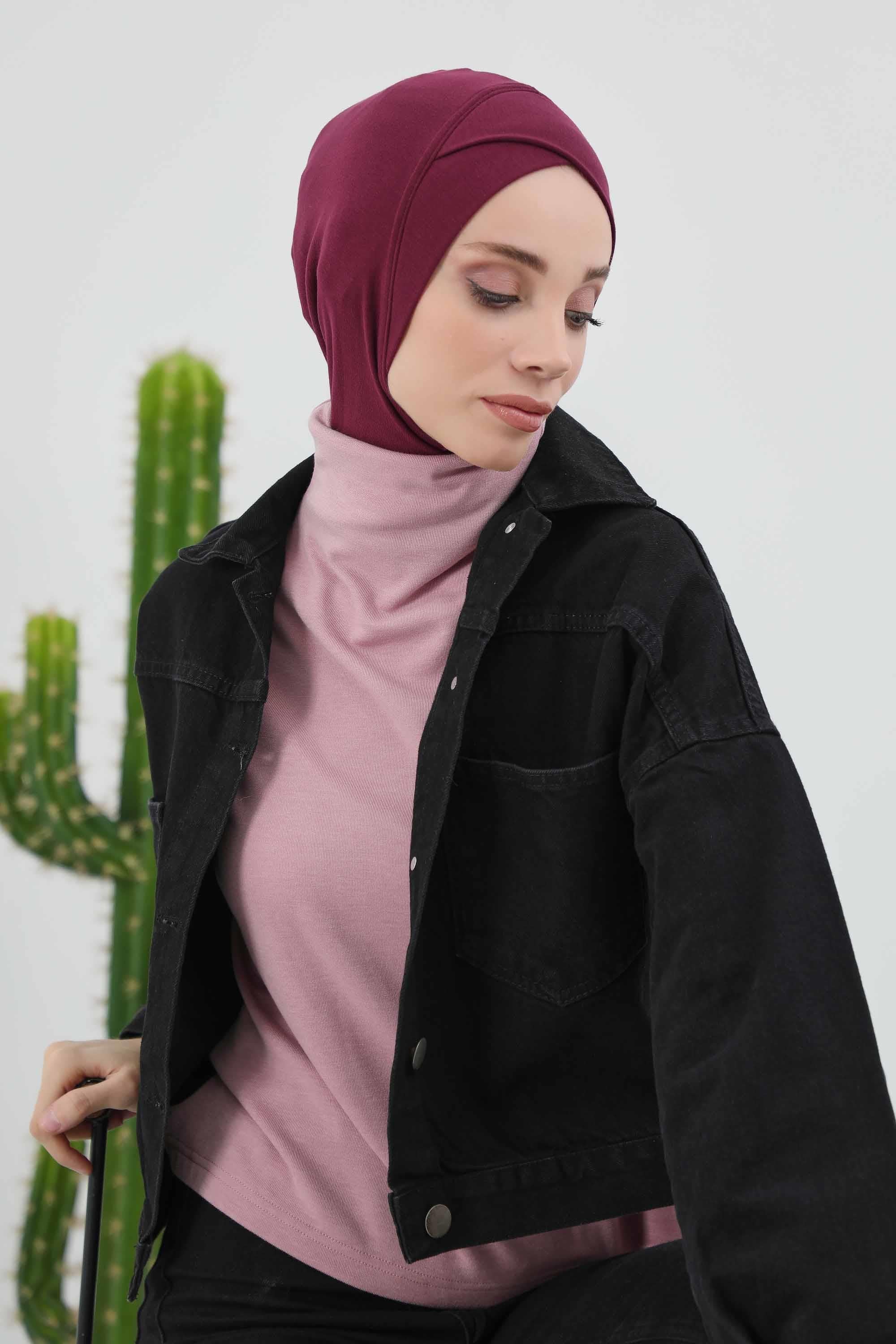 Cross-Stitch Design Inner Turban Bonnet for Women, One-Size Inner Turban Bonnet for Women, Simple Ribbed Winter Hijab Turban Bonnet,TB-4RB Maroon