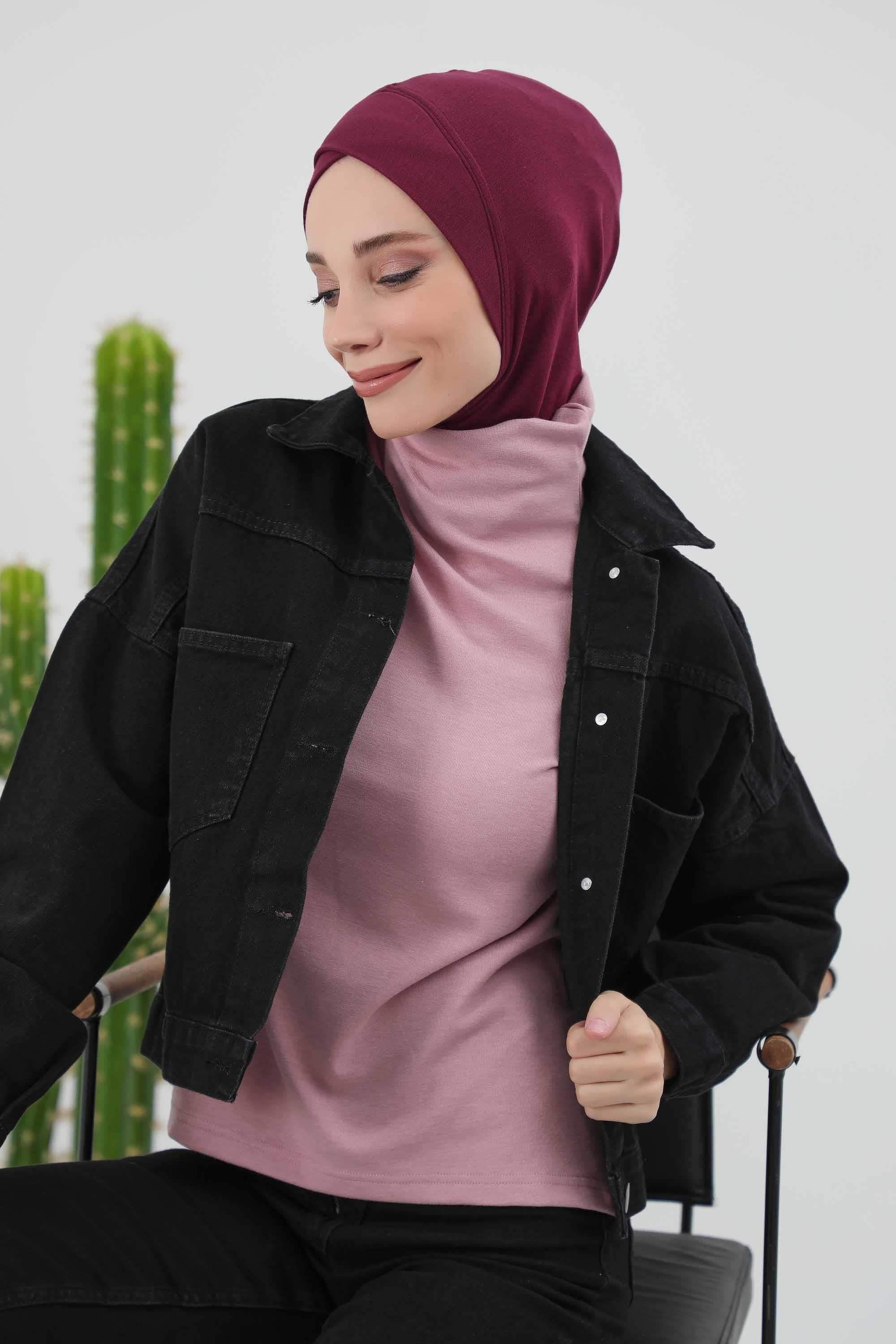 Cross-Stitch Design Inner Turban Bonnet for Women, One-Size Inner Turban Bonnet for Women, Simple Ribbed Winter Hijab Turban Bonnet,TB-4RB Maroon
