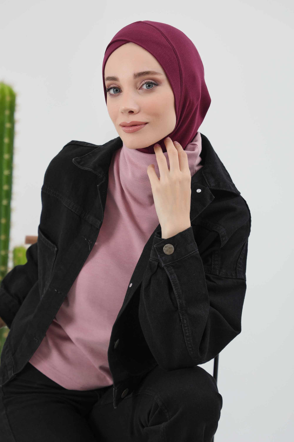 Cross-Stitch Design Inner Turban Bonnet for Women, One-Size Inner Turban Bonnet for Women, Simple Ribbed Winter Hijab Turban Bonnet,TB-4RB Maroon