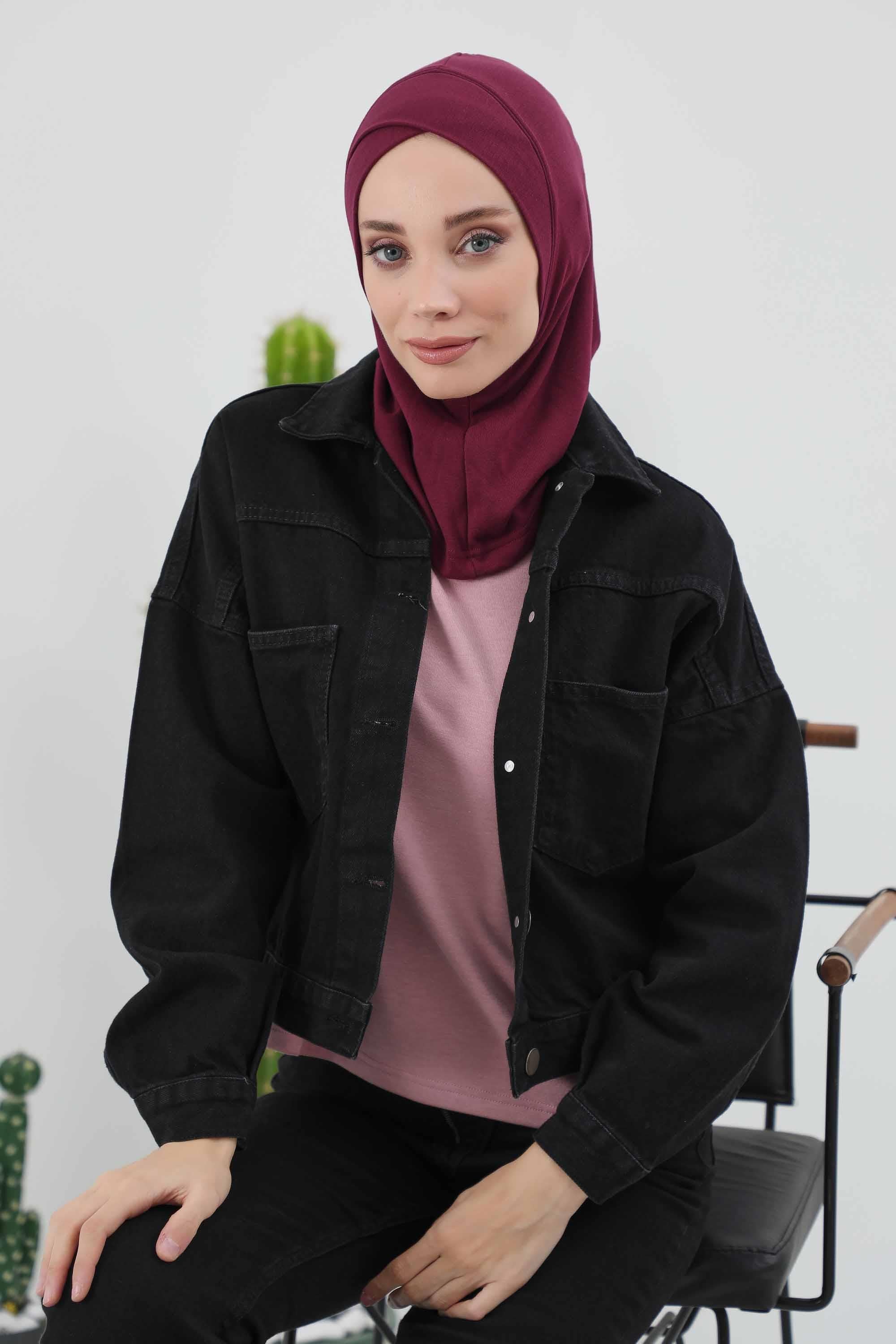 Cross-Stitch Design Inner Turban Bonnet for Women, One-Size Inner Turban Bonnet for Women, Simple Ribbed Winter Hijab Turban Bonnet,TB-4RB Maroon