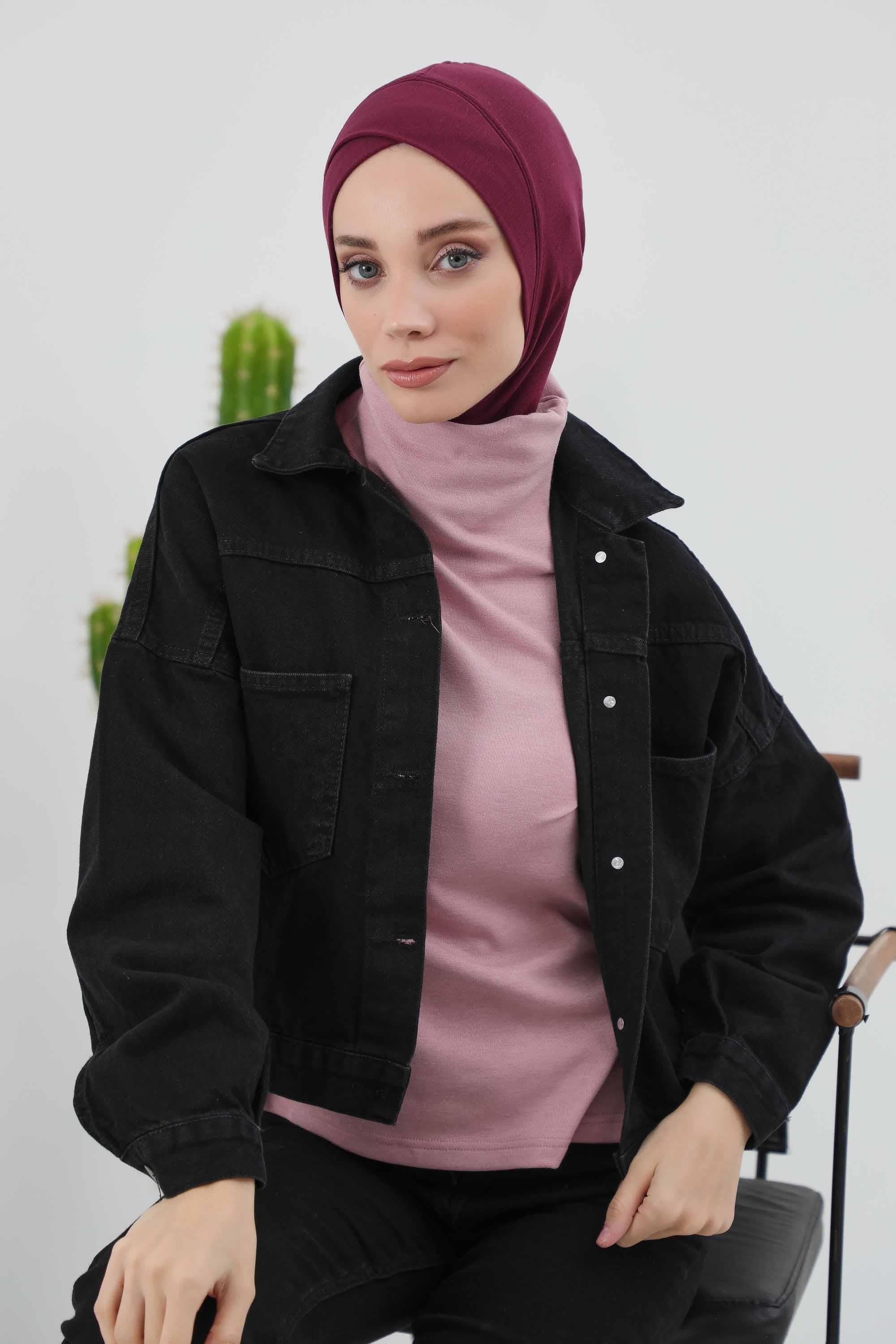 Cross-Stitch Design Inner Turban Bonnet for Women, One-Size Inner Turban Bonnet for Women, Simple Ribbed Winter Hijab Turban Bonnet,TB-4RB Maroon